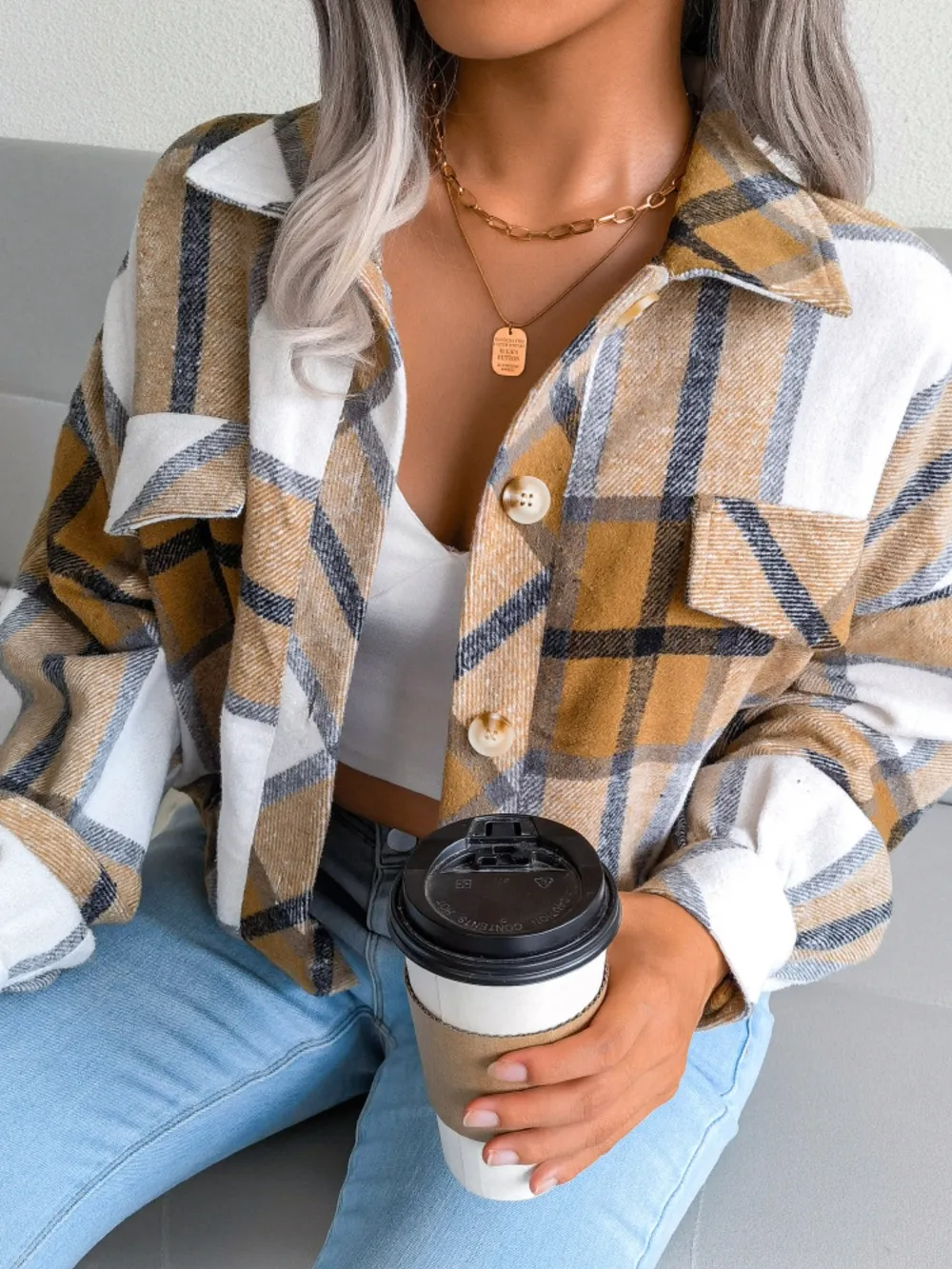 Plaid Collared Neck Long Sleeve Jacket, image 10