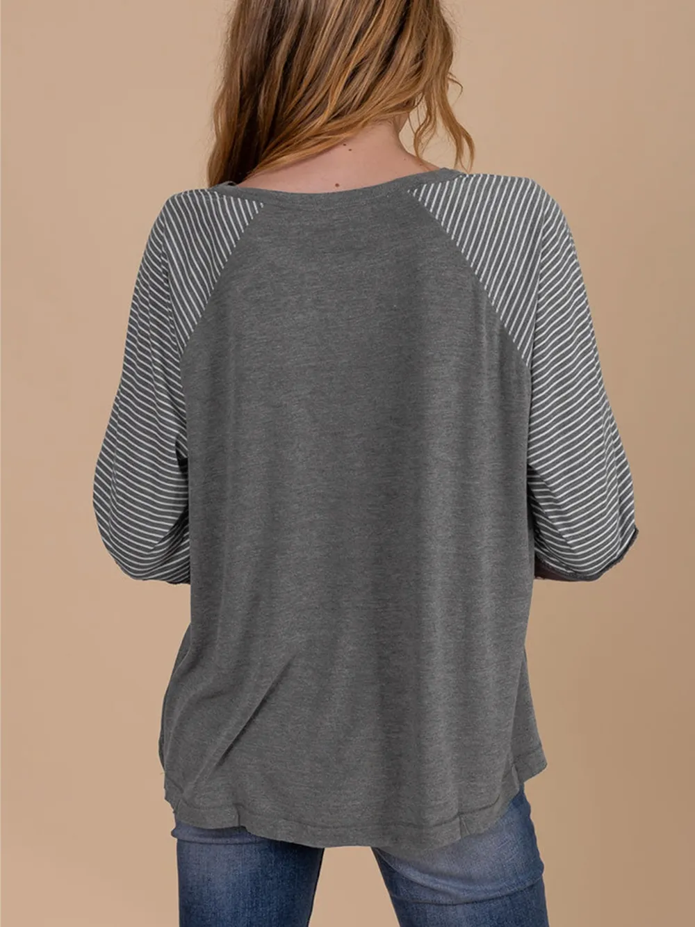 Contrast Print Striped Raglan Long Sleeve Loose Top, image 3