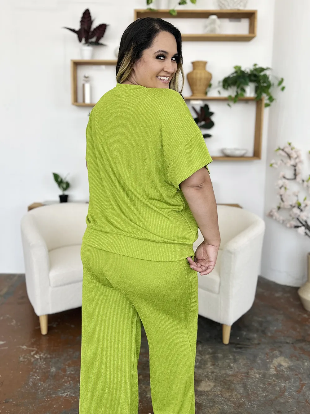 Full Size Texture Round Neck Short Sleeve T-Shirt and Wide Leg Pants, image 11