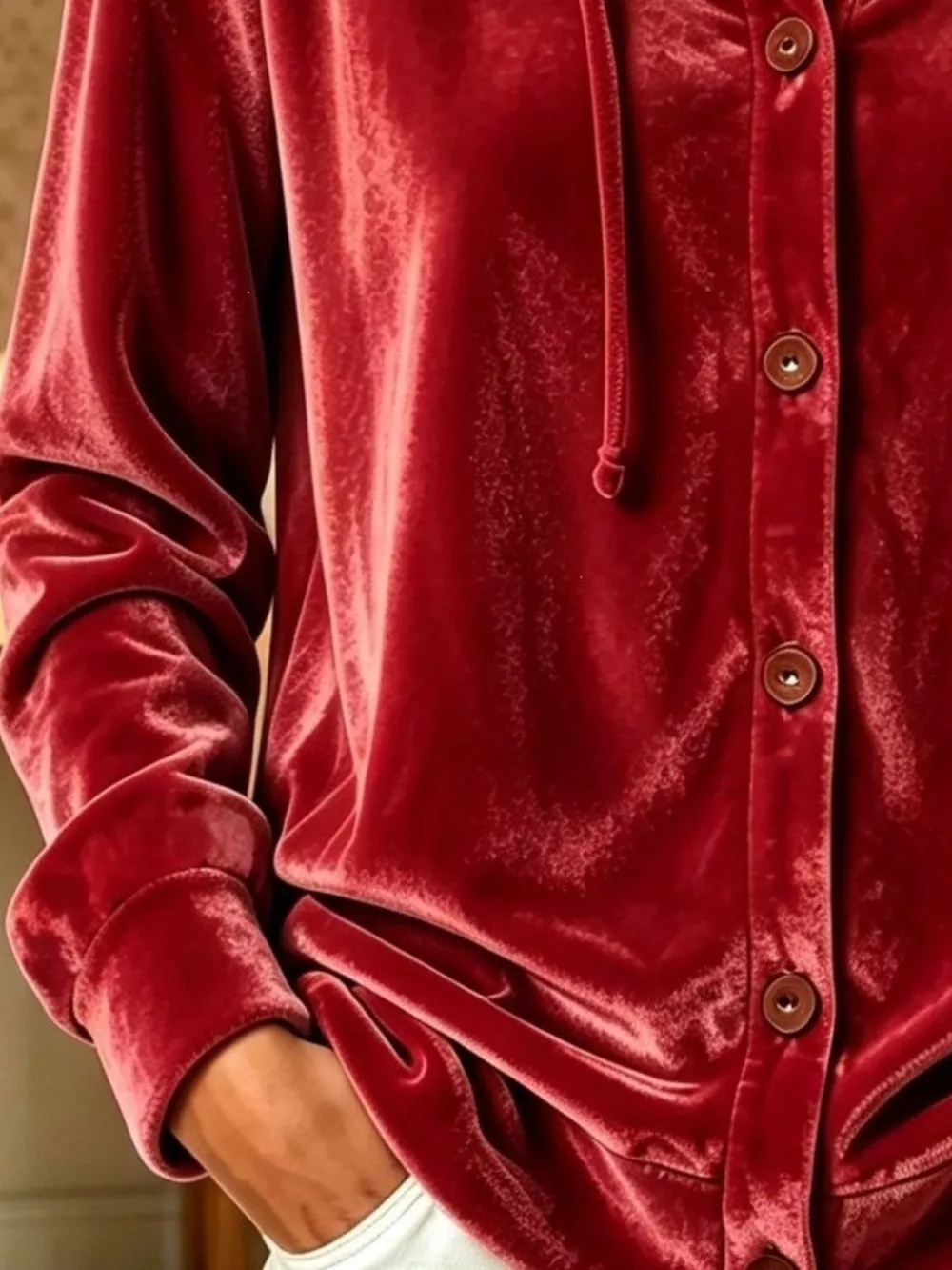 Full Size Velvet Button-Down Hooded Top Plus Size, image 9