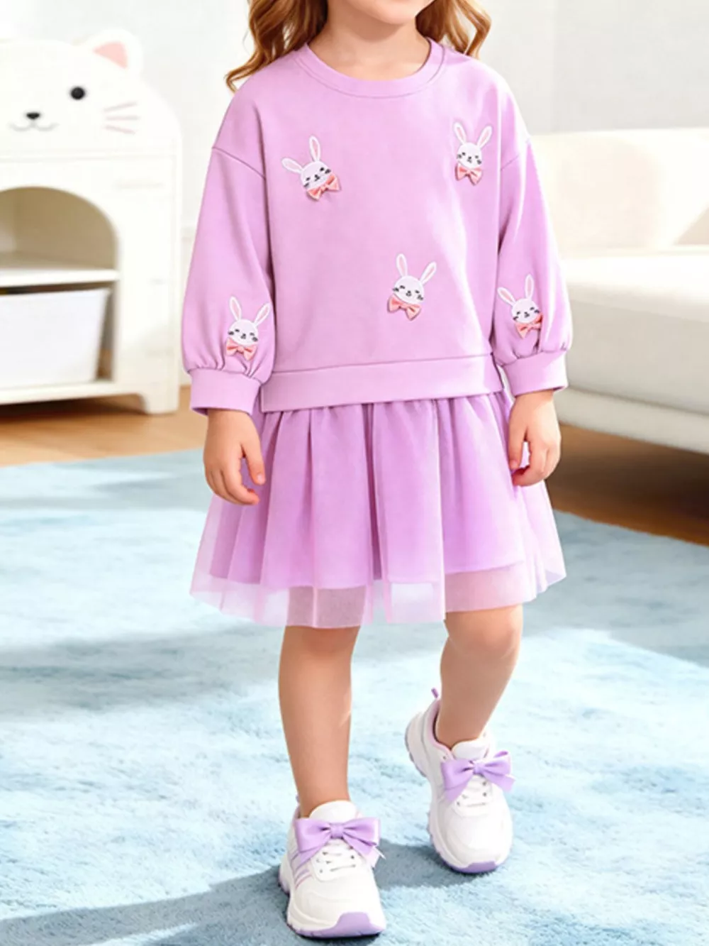 Children's Bunny Embroidered Sweatshirt Tulle Dress, image 2