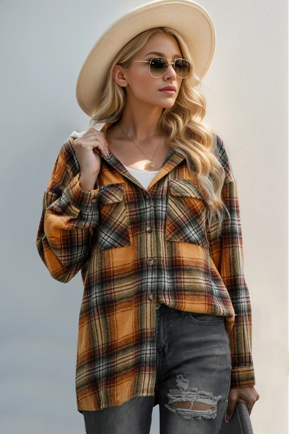 Drawstring Plaid Long Sleeve Hooded Shacket, image 6