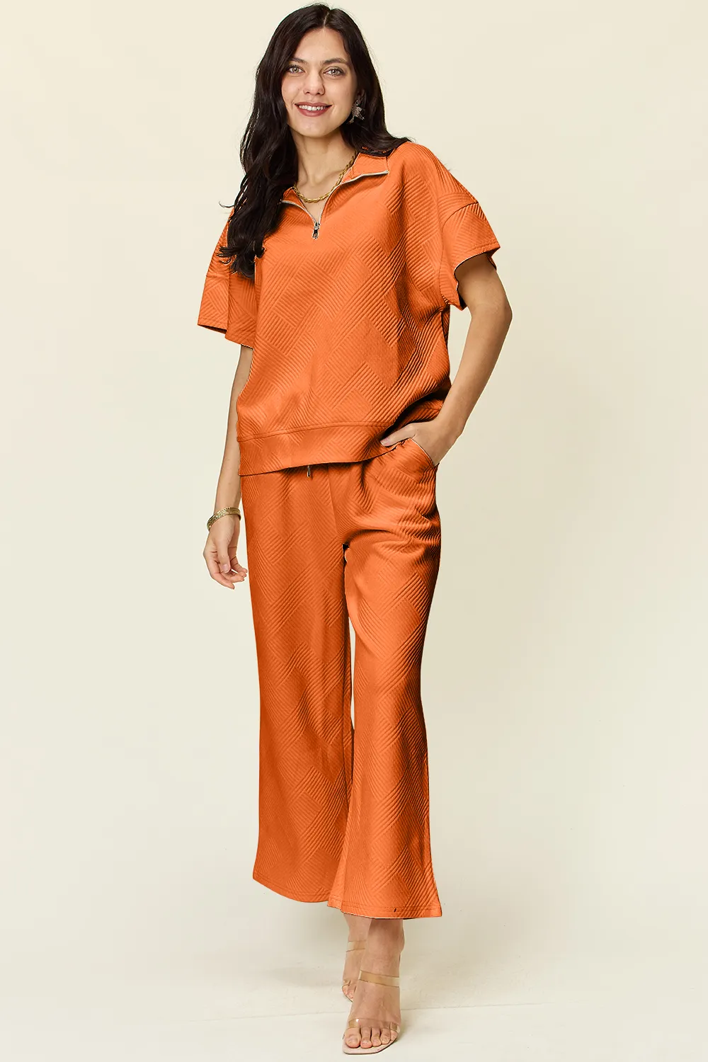 Full Size Texture Half Zip Short Sleeve Top and Pants Set, image 10