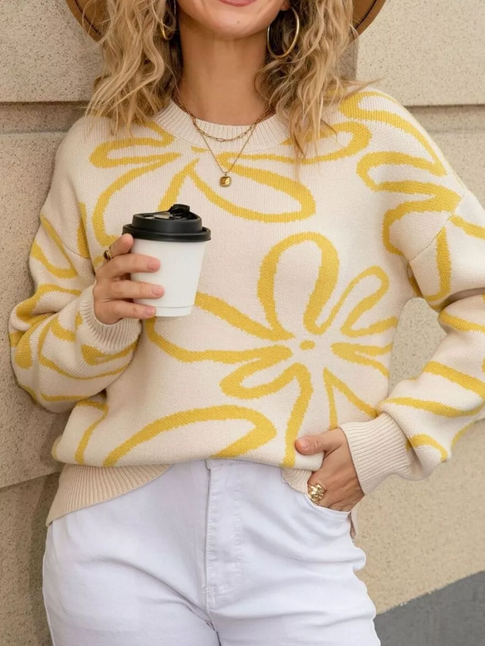 Flower Crew Neck Long Sleeve Sweater, image 9