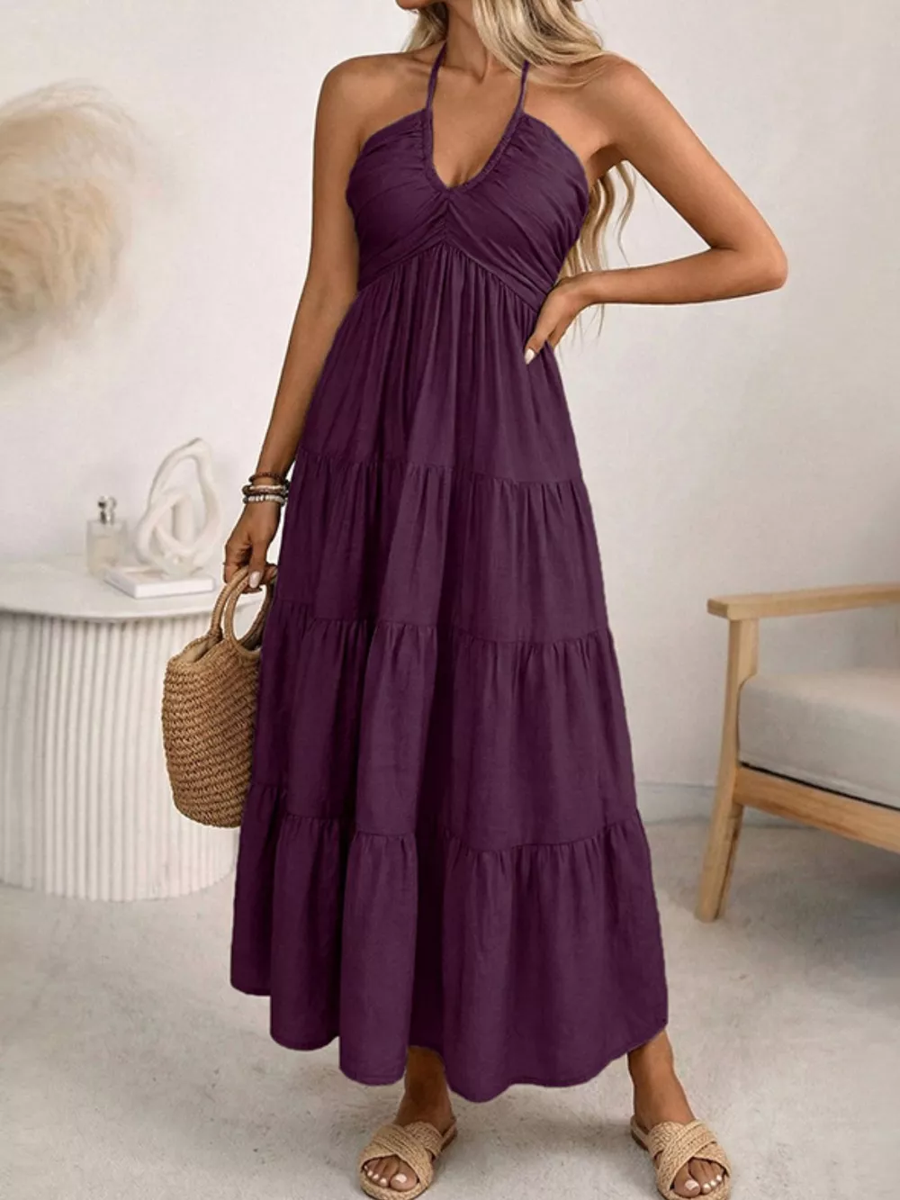 Halter Neck Tiered Midi Dress, image 3