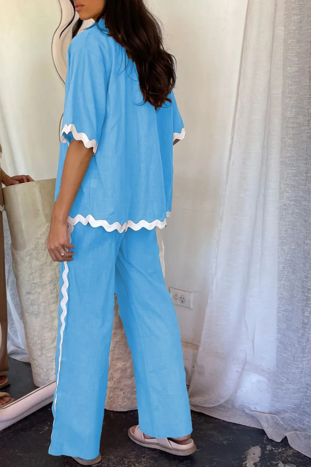 Contrast Trim Half Sleeve Top and Pants Set, image 2