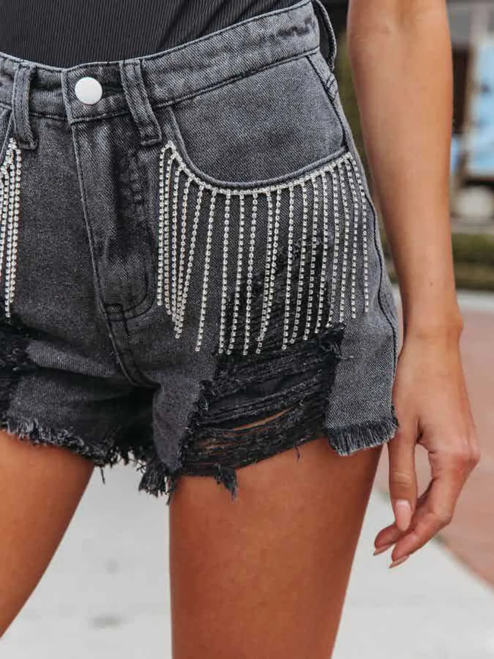 Distressed Fringe Denim Shorts with Pockets, image 5