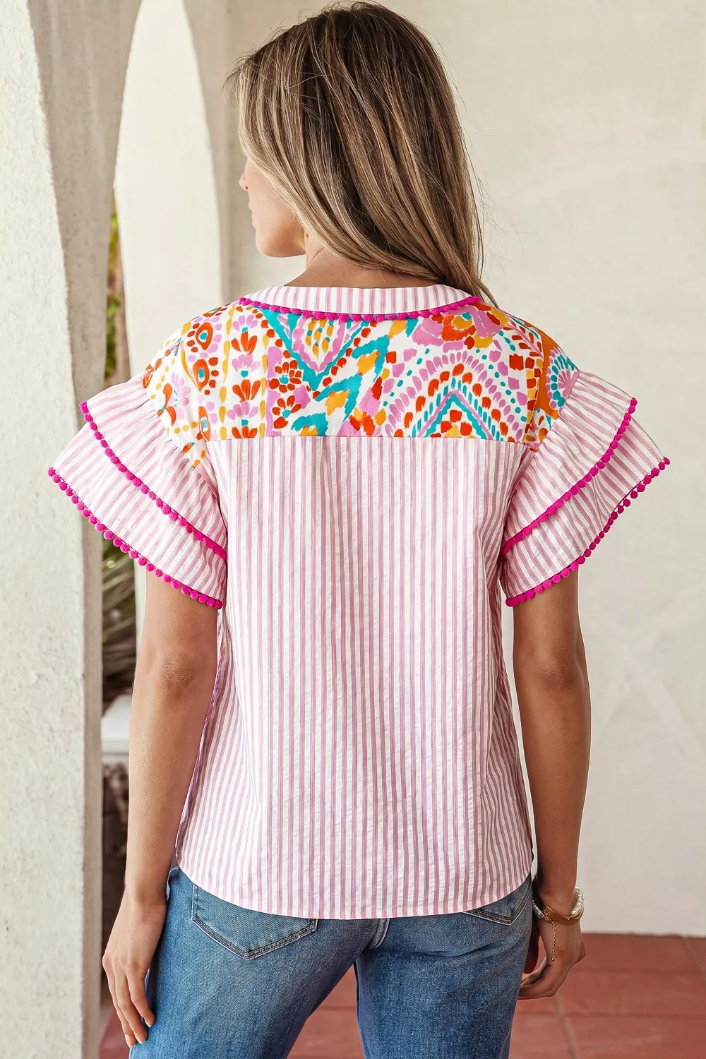 Mixed Print Contrast Trim Striped Patchwork Tiered Short Sleeve Blouse, image 2