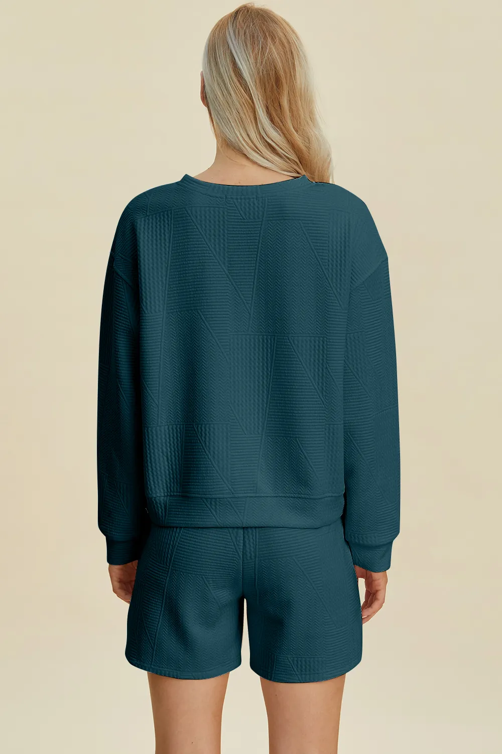 Full Size Texture Round Neck Long Sleeve Top and Shorts Set, image 3
