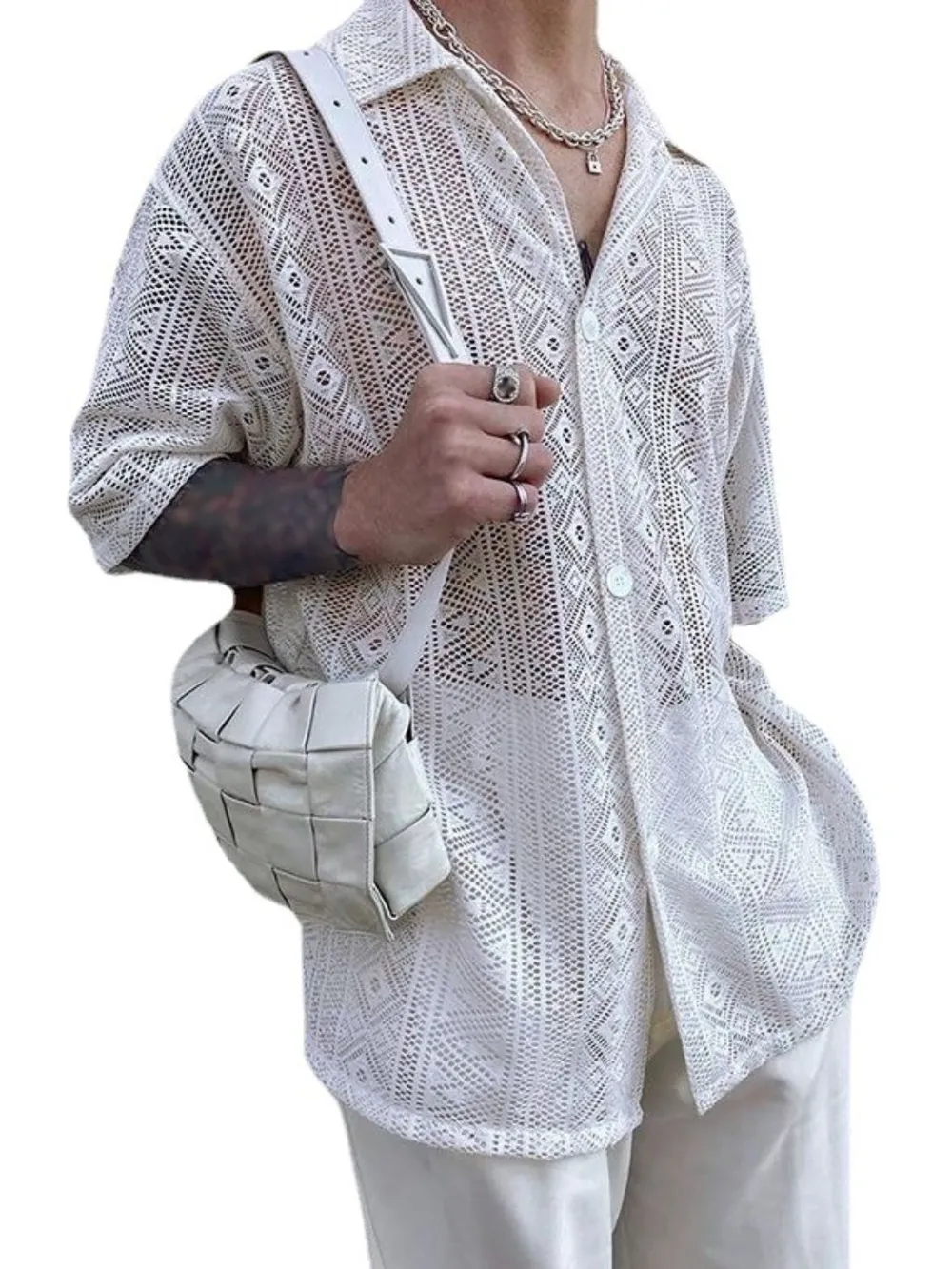 Men's Full Size Lace Half Sleeve Button Down Shirt Plus Size, image 5