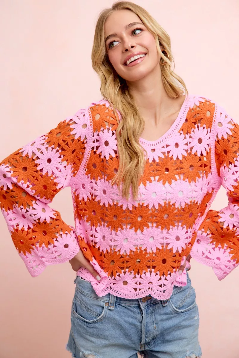 BiBi Flower Crochet Knit Top, image 4