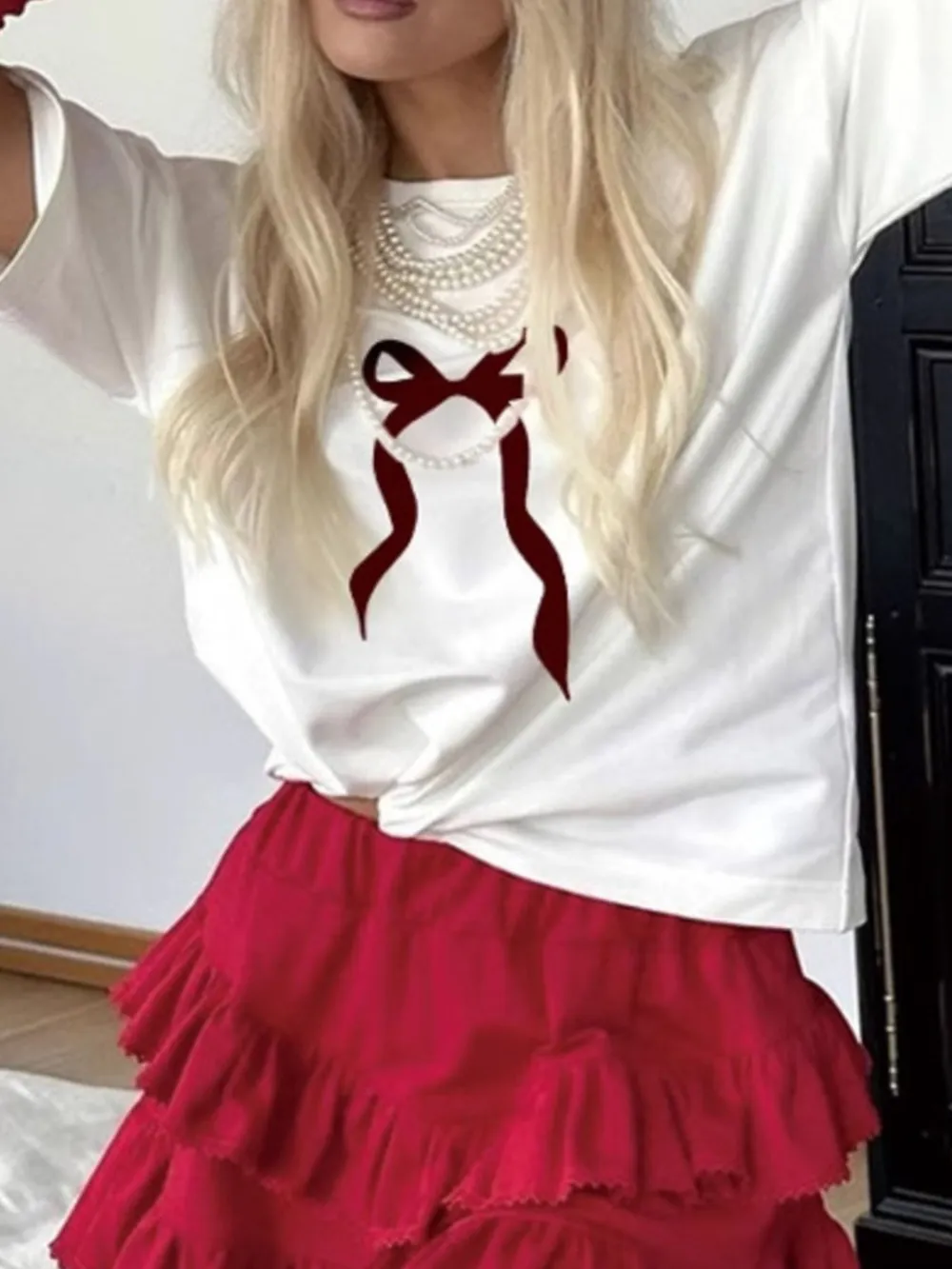 Plus Size Bow Round Neck Short Sleeve T-Shirt, image 5