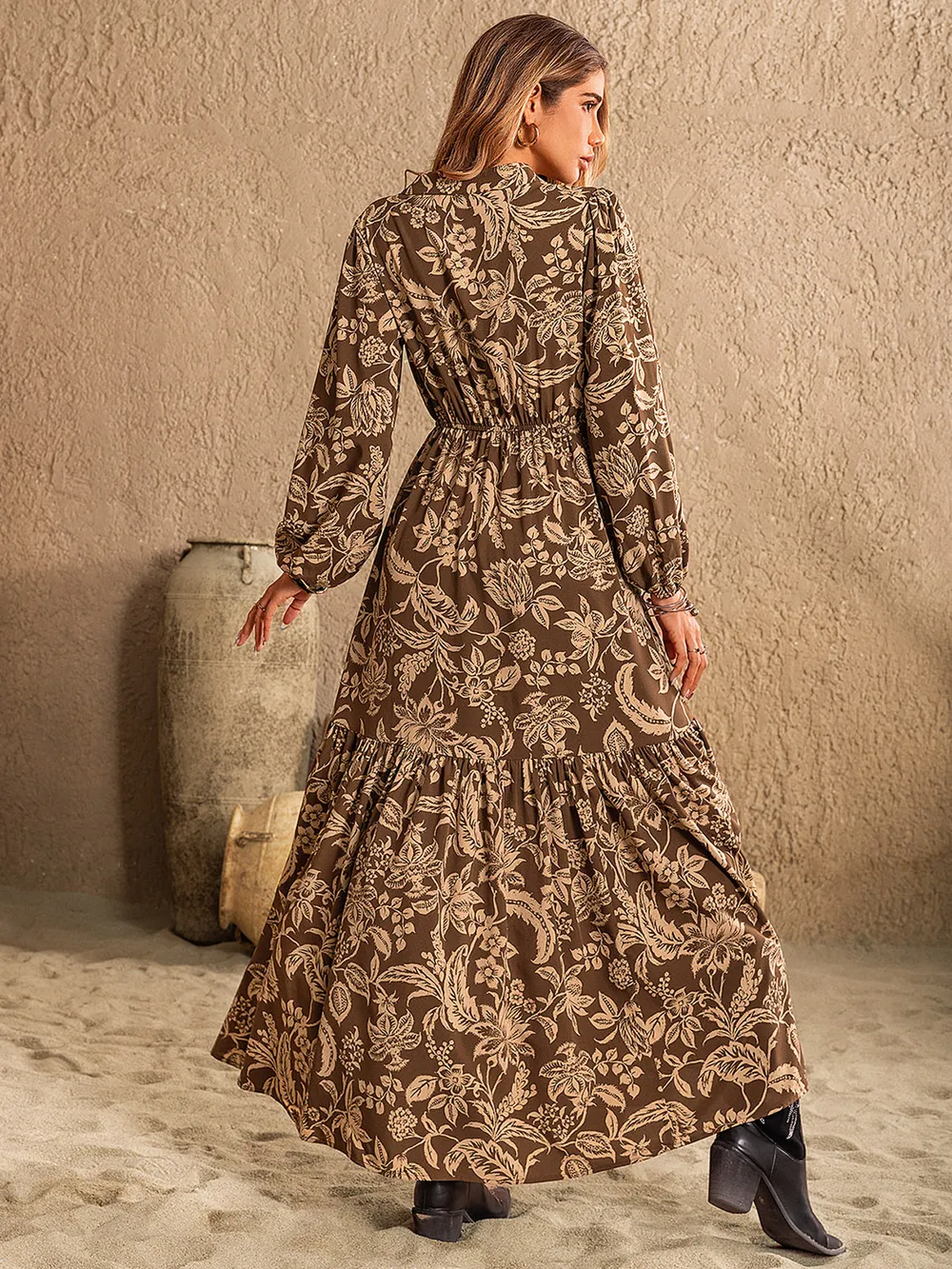Ruched Printed Notched Long Sleeve Maxi Dress, image 3
