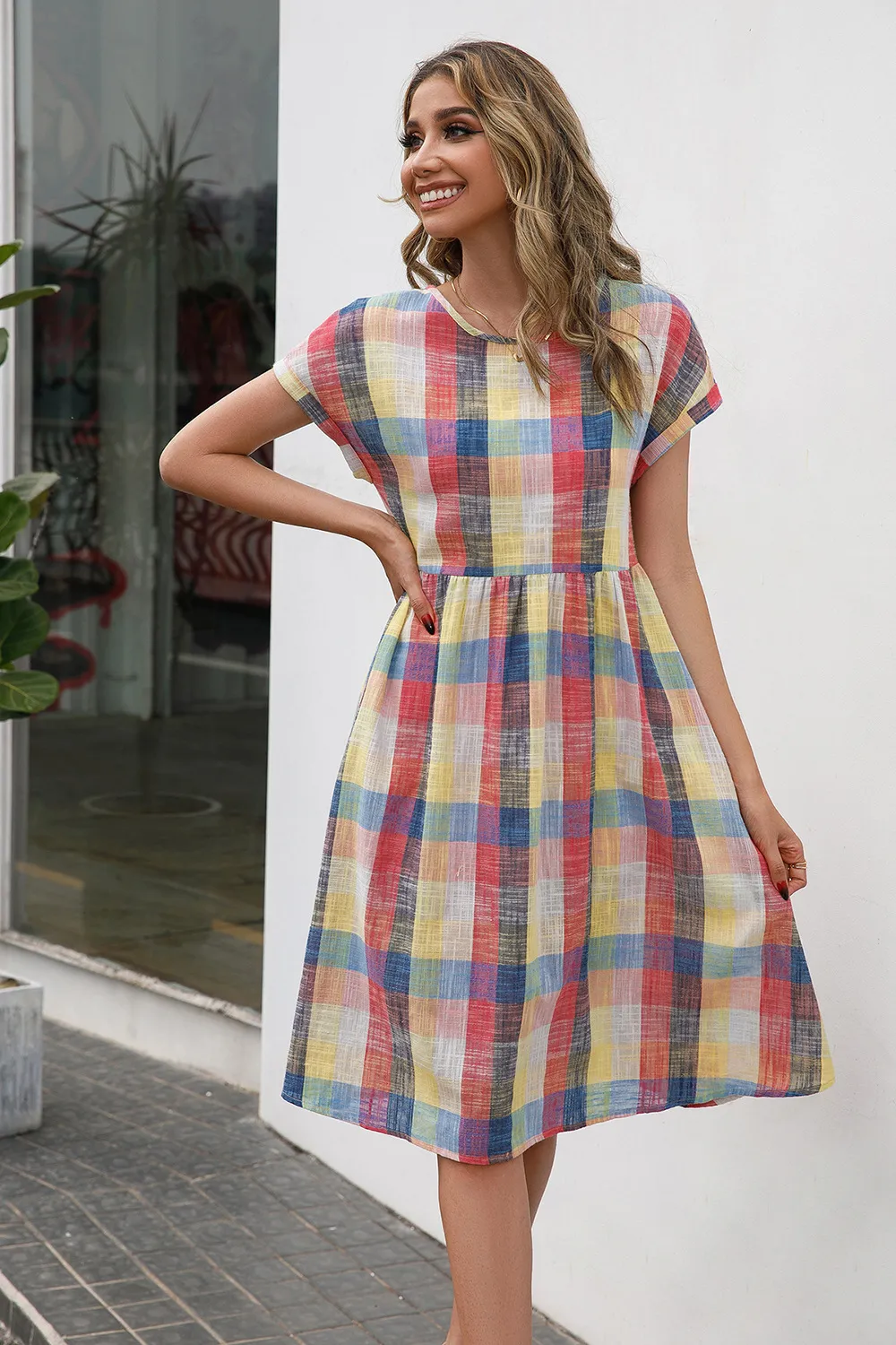 Plaid Round Neck Cap Sleeve Dress, image 5