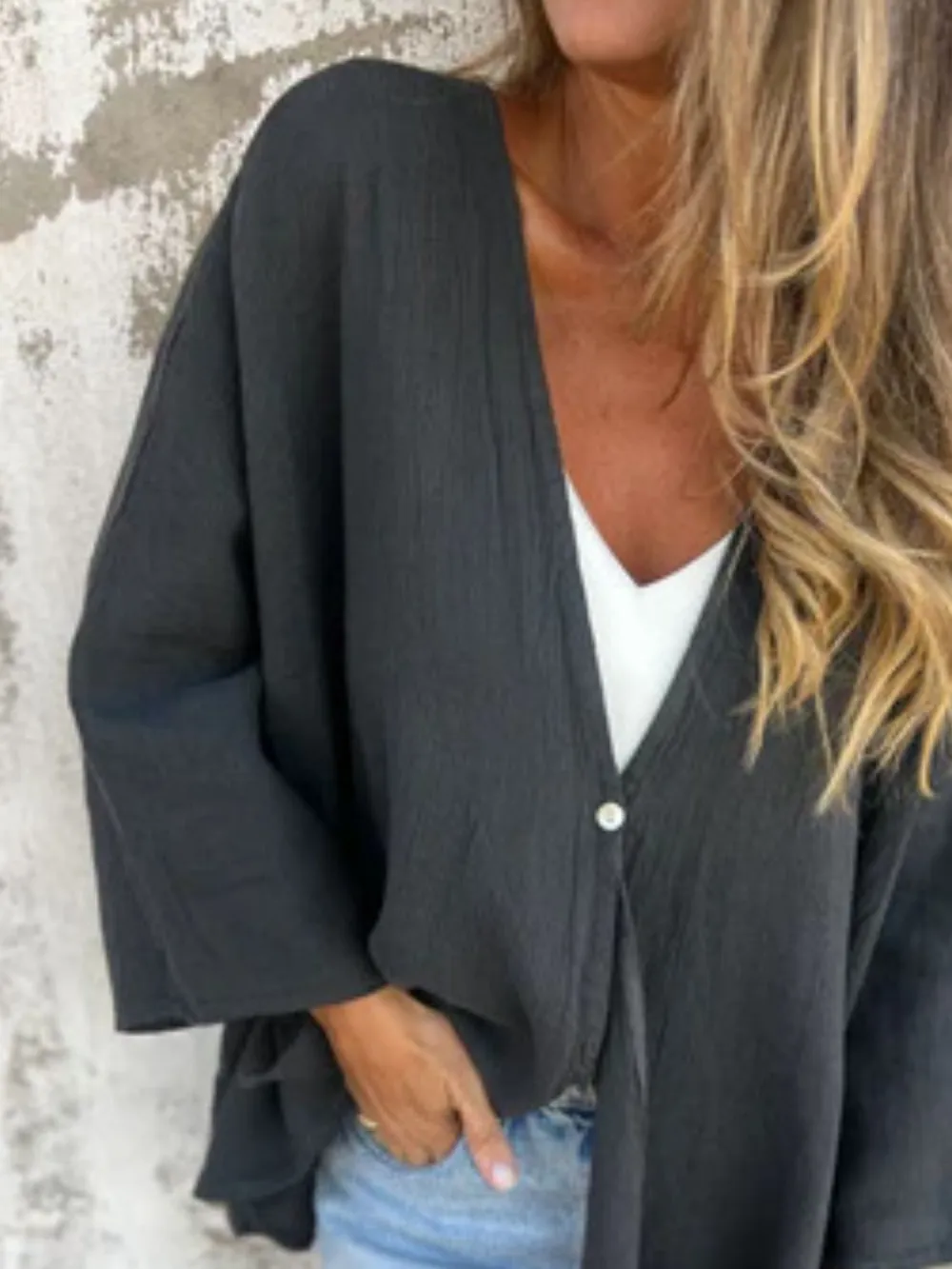 Full Size One Button Long Sleeve Shirt Plus Size, image 15