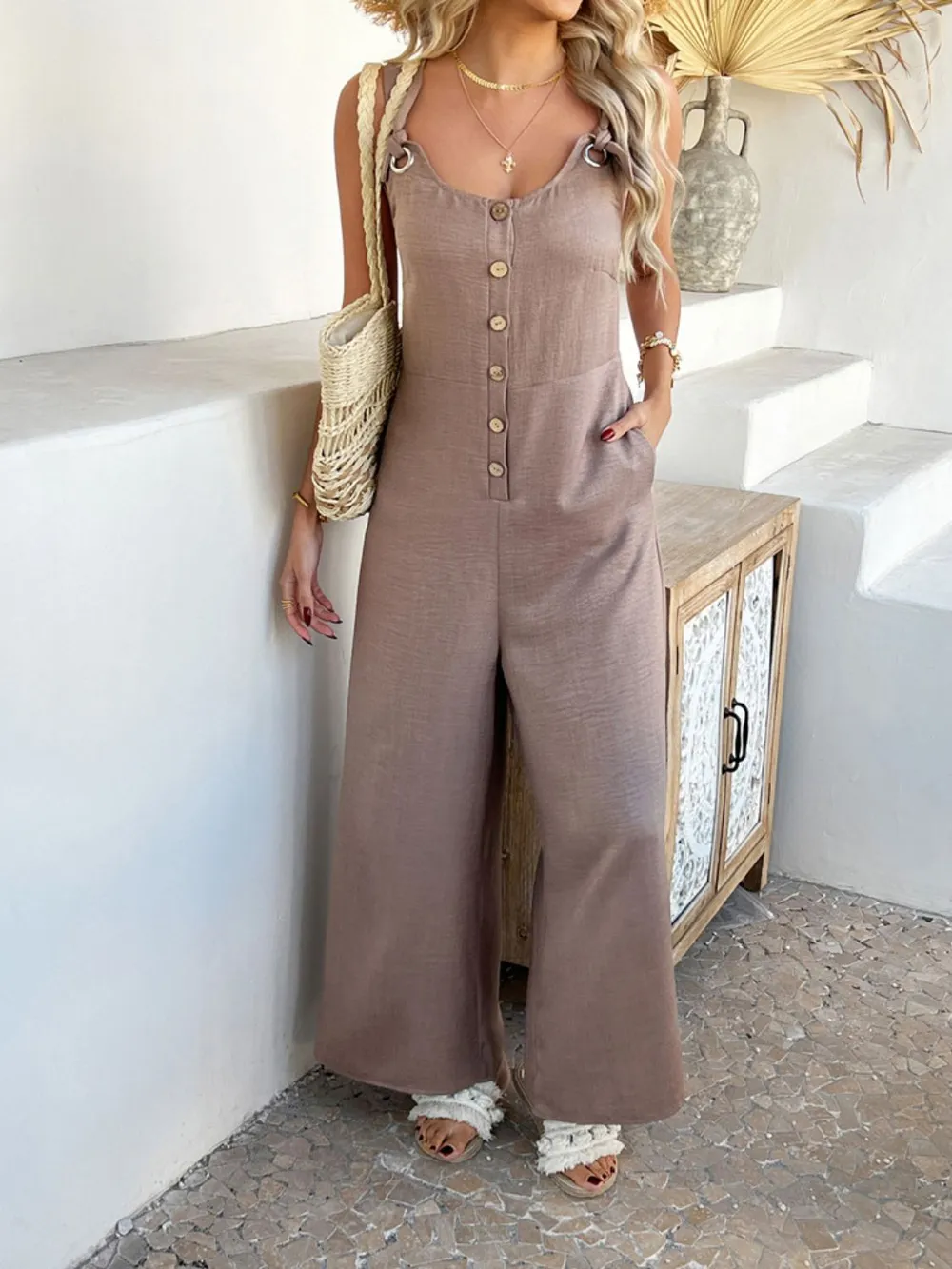 Button Front Knotted Strap Wide Leg Jumpsuit, image 11