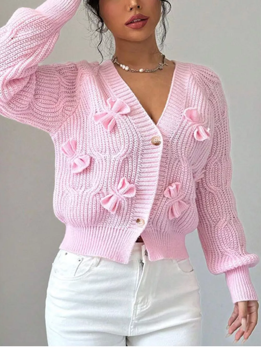 Bow Cable Knit V-Neck Cardigan, image 2