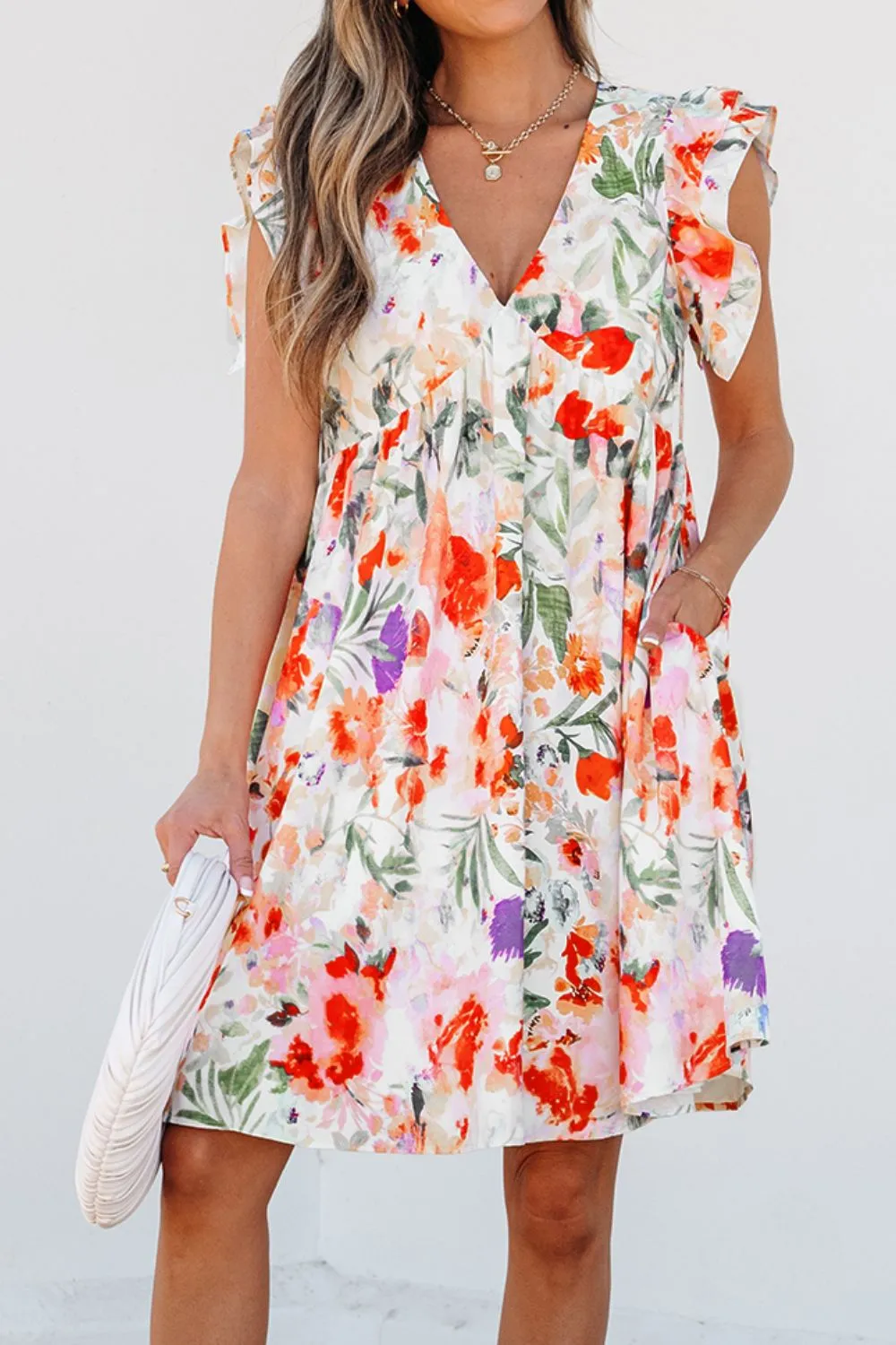 Floral Double Ruffle Sleeve V Neck Mini Dress, image 4