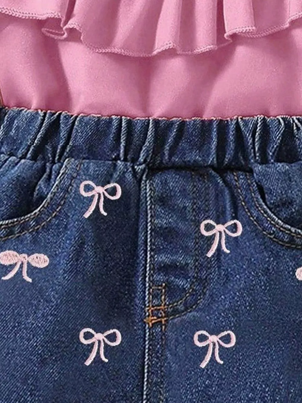 Children's Ruffle Top and Bowknot Denim Shorts Set with Headband, image 4