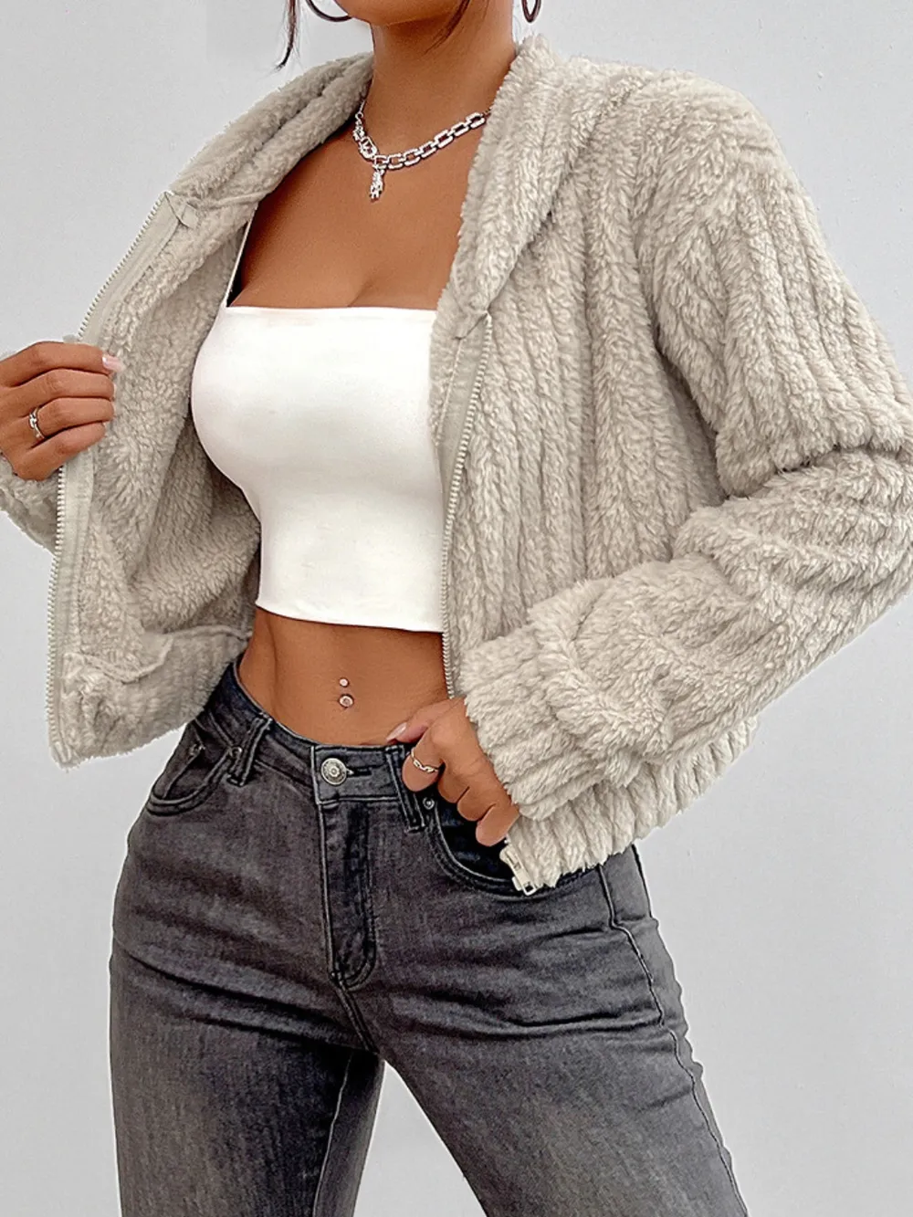 Zip Up Long Sleeve Fuzzy Hooded Jacket, image 5