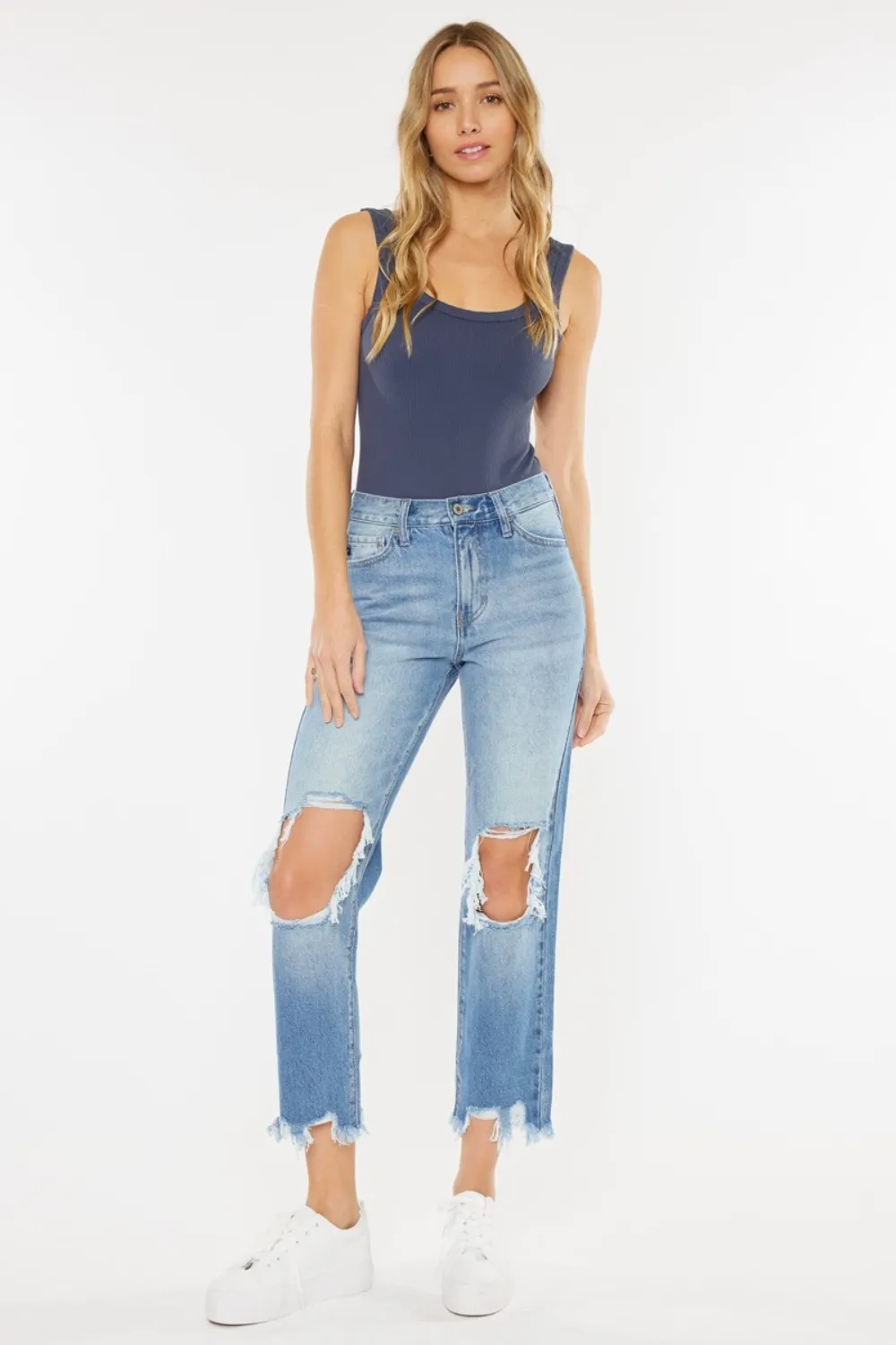 High Waist Chewed Up Straight Mom Jeans, image 2