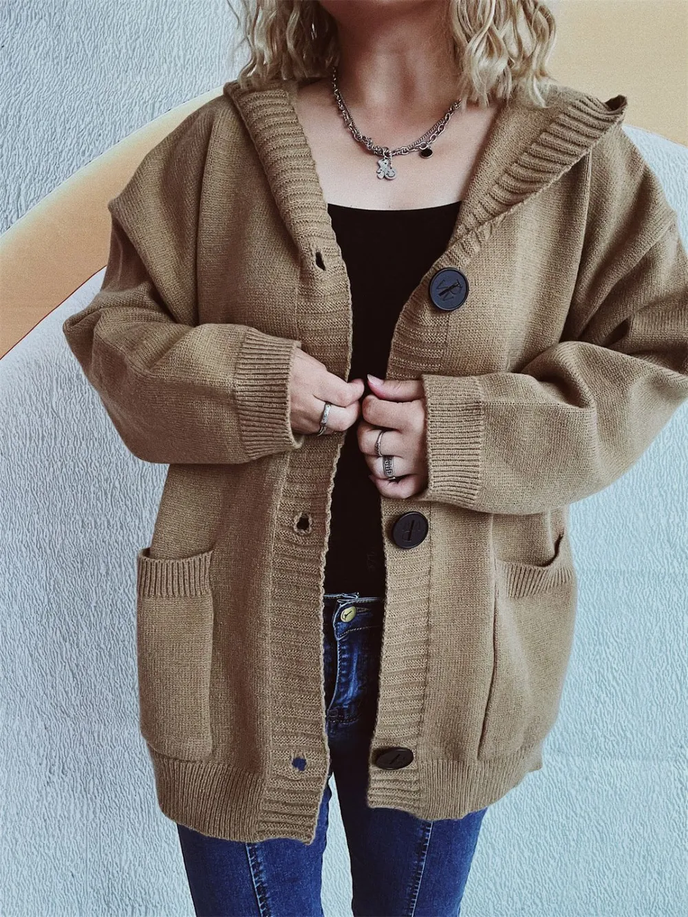 Dropped Shoulder Long Sleeve Hooded Cardigan, image 16