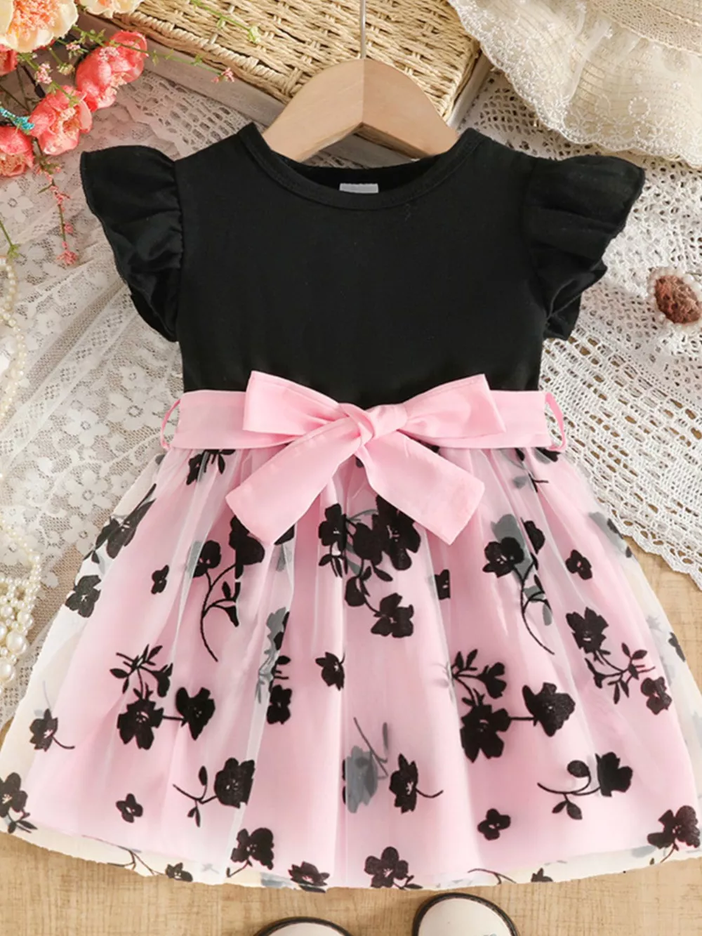 Children's Floral Print Mesh Bowknot Toddler Dress, image 4