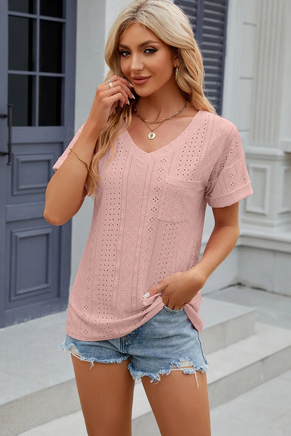 Eyelet V-Neck Short Sleeve T-Shirt, image 7