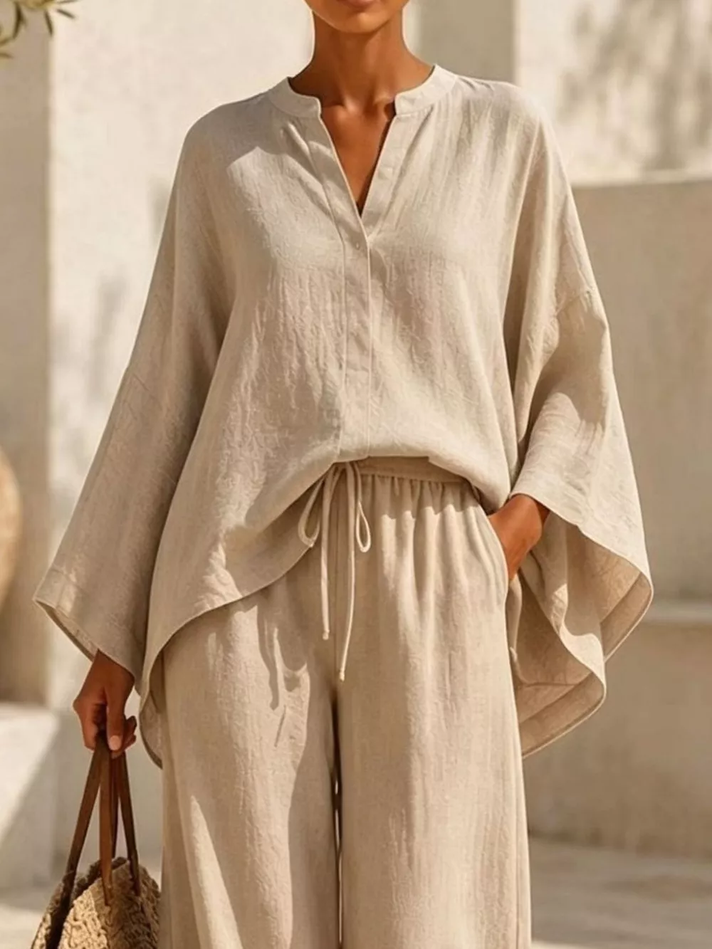 Full Size Notched Long Sleeve Top and Wide-Leg Pants Set Plus Size, image 2