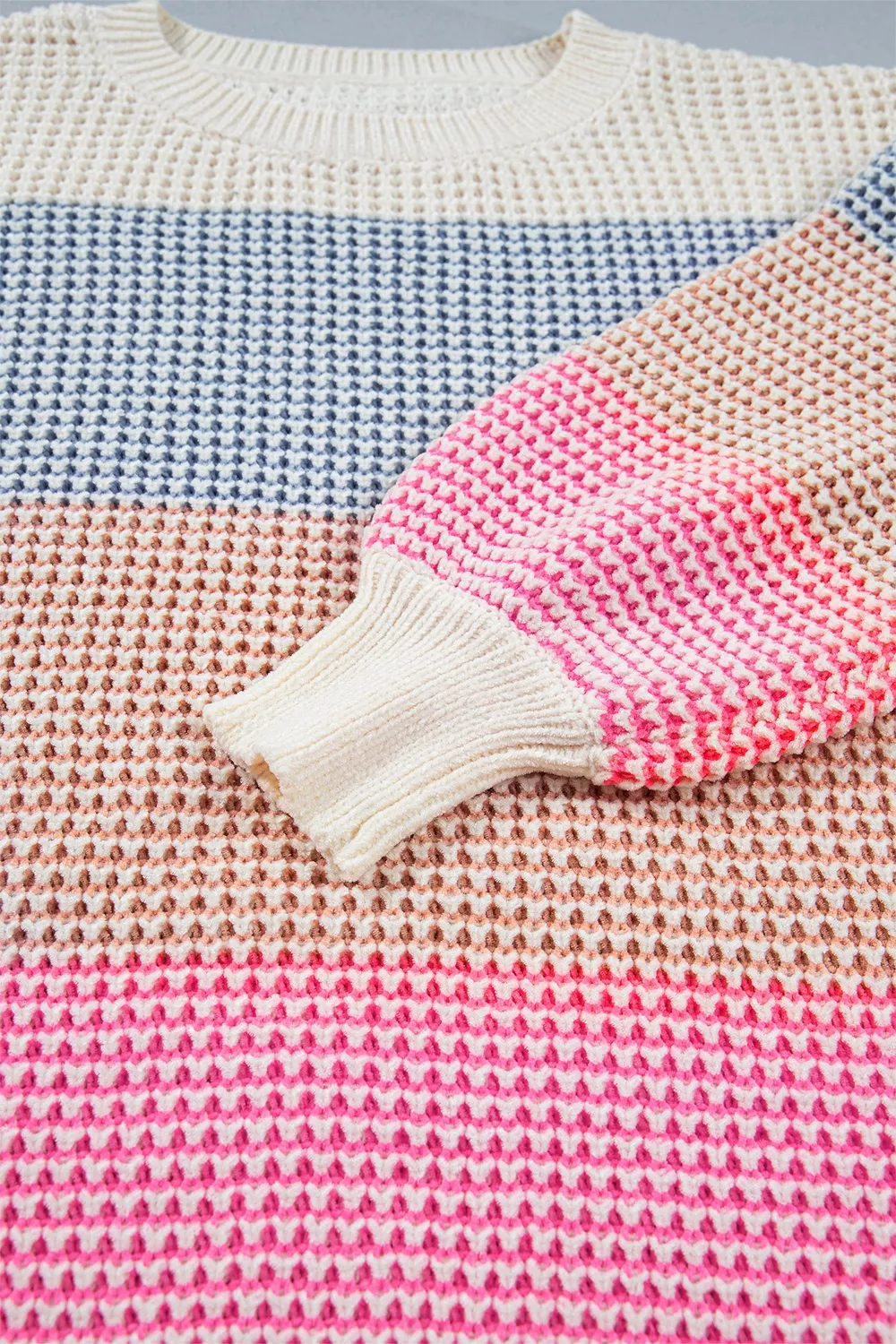 Color Block Waffle Knit Drop Shoulder Round Neck Long Sleeve Sweater, image 12