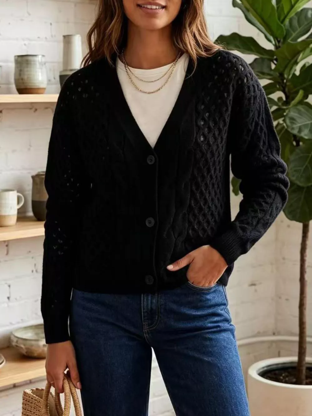 Cable-Knit V-Neck Button-Down Cardigan, image 5