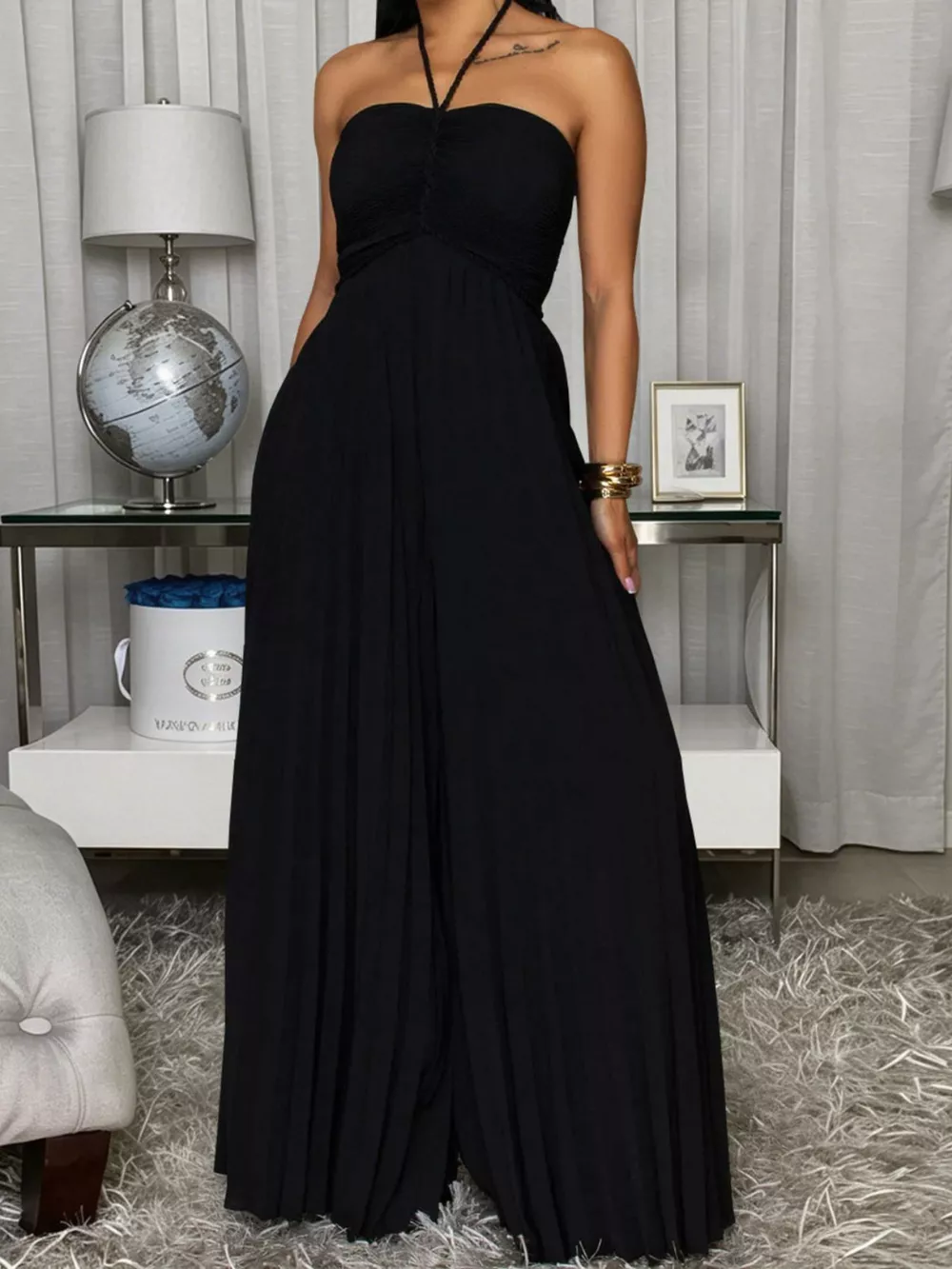 Pleated Halter Neck Wide Leg Jumpsuit, image 3