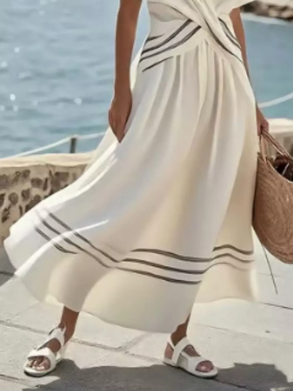 Full Size Striped Surplice Half Sleeve Midi Dress Plus Size, image 18