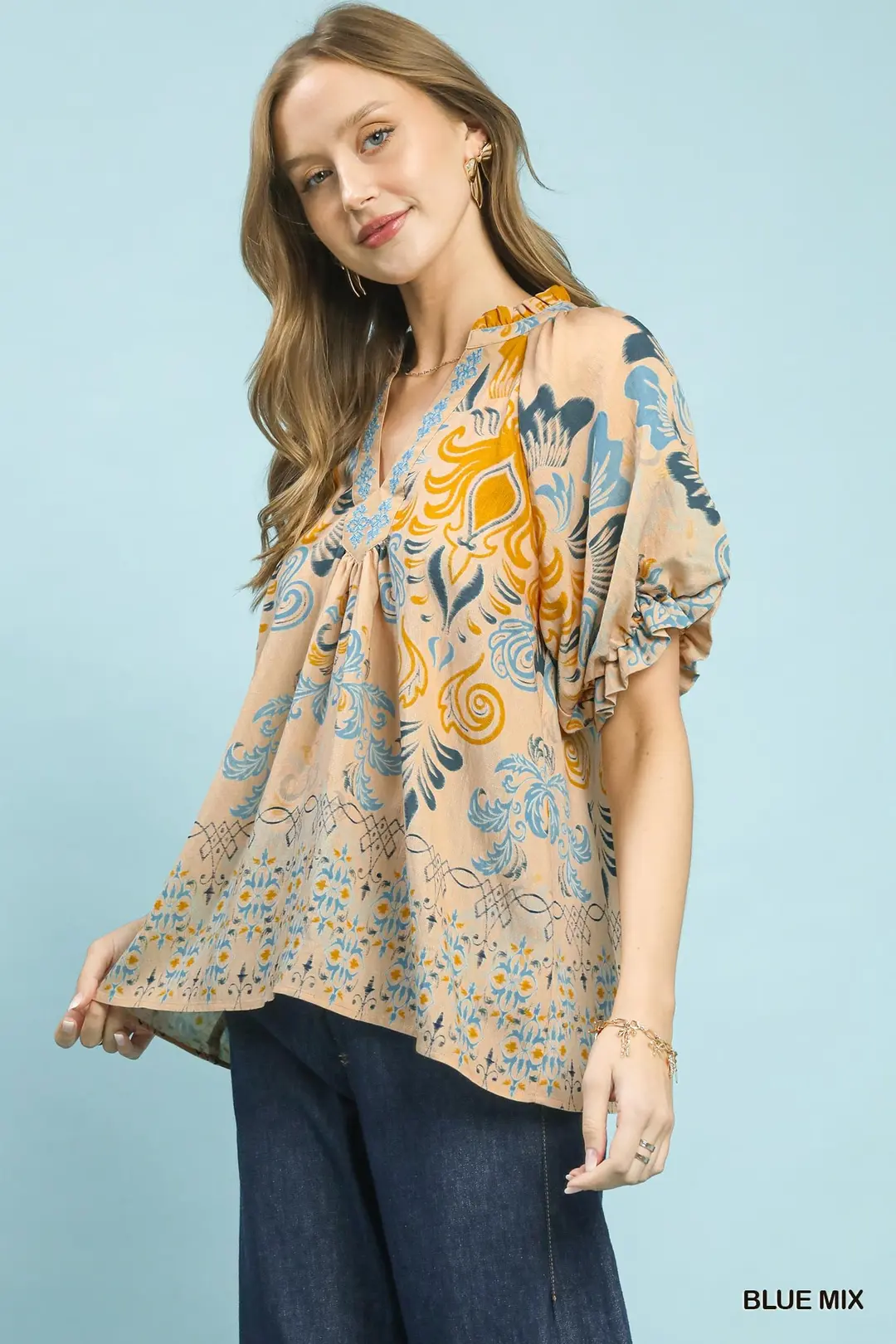 Border Print Puff Sleeve V-Neck Blouse, image 2