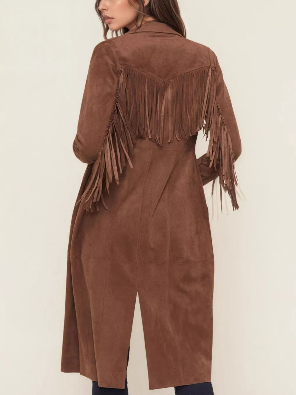 Fringe Lapel Collar Long Sleeve Coat, image 3
