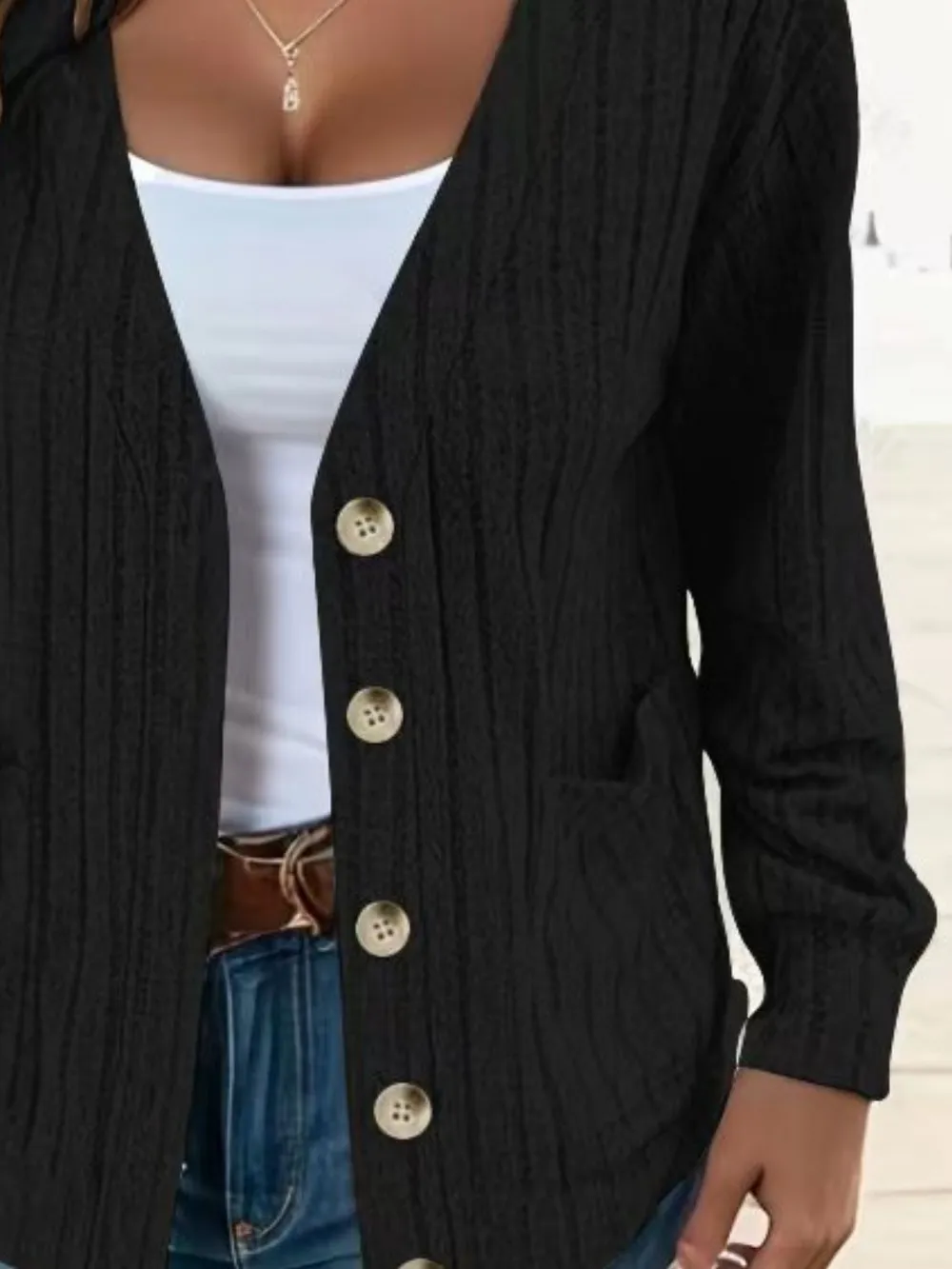 Full Size Button Up V-Neck Long Sleeve Cardigan, image 9