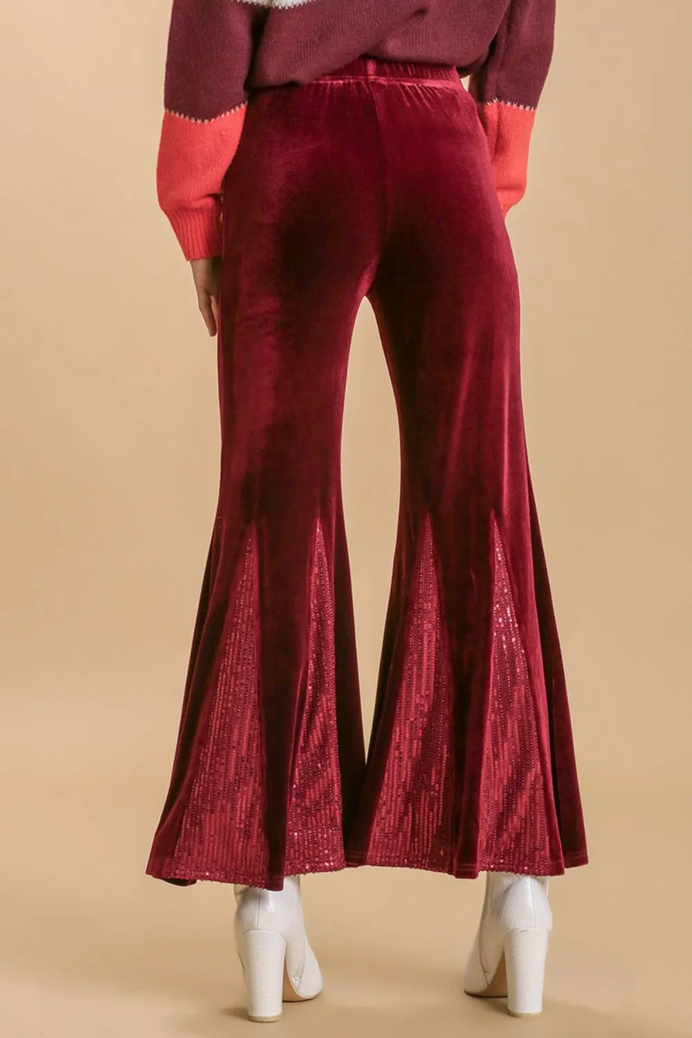 Full Size Sequin Elastic Waist Velvet Stretch Flare Leg Pants Plus Size, image 2