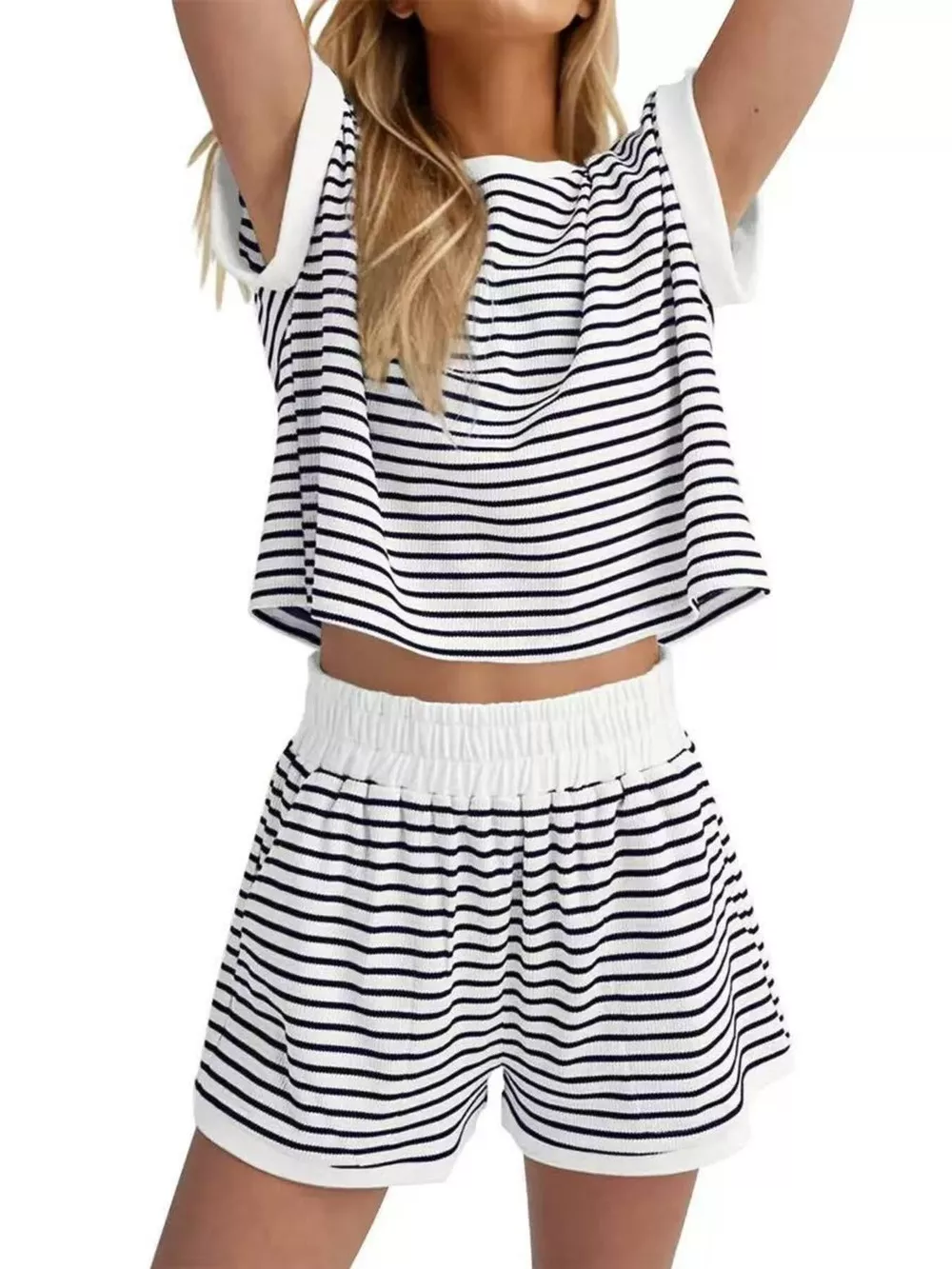 Full Size Striped Round Neck Top and Shorts Set Plus Size, image 10
