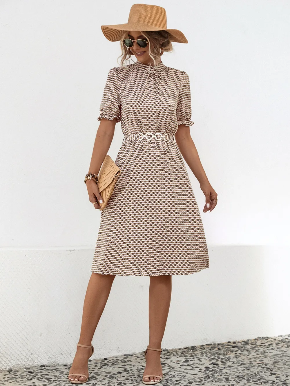 Printed Mock Neck Flounce Sleeve Dress, image 5