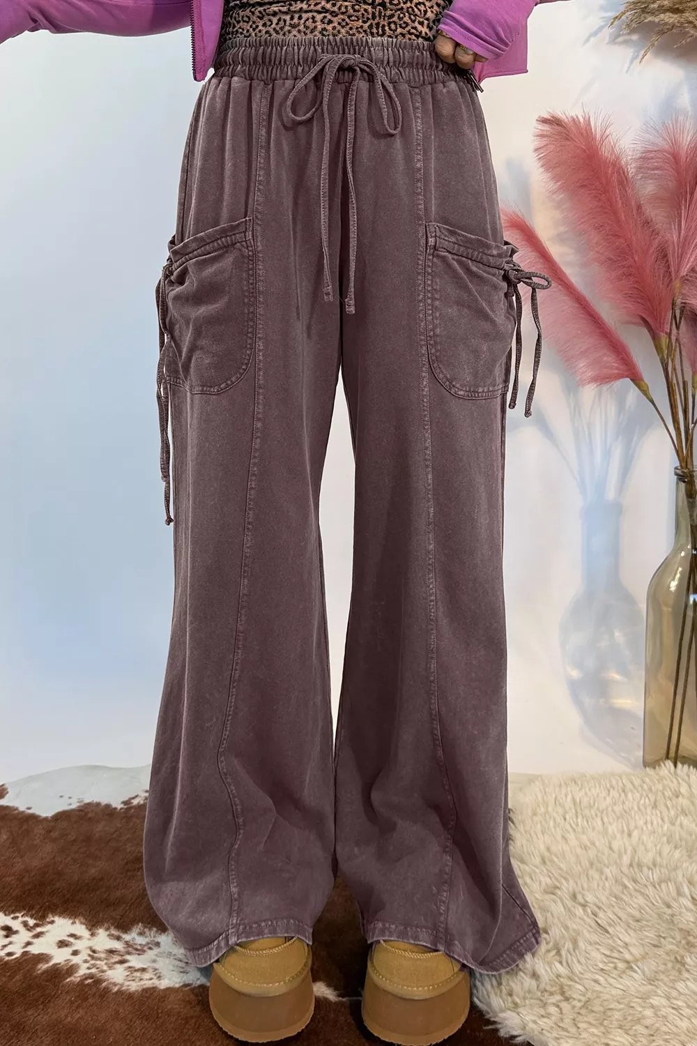 Mineral Wash Elastic Waist Drawstring Tie Detail Cargo Pants, image 2