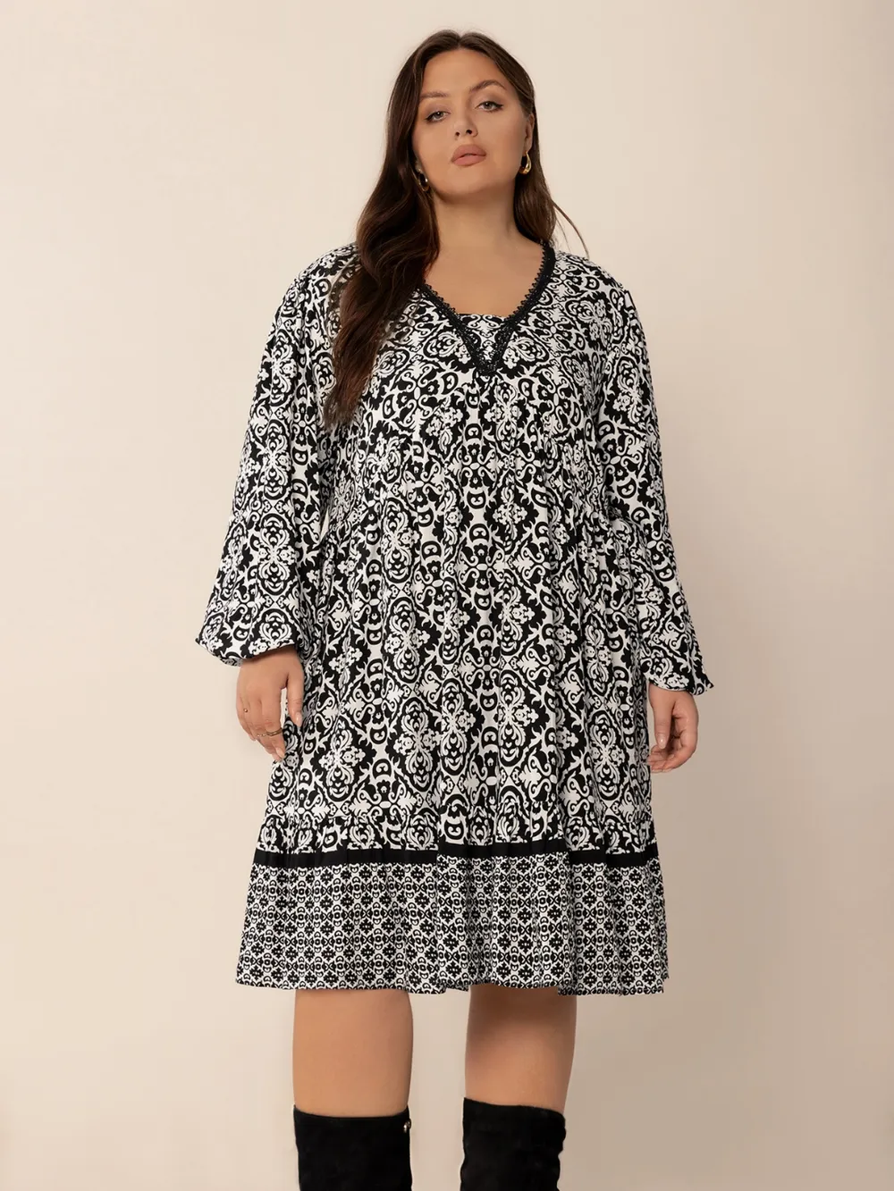 Plus Size Lace Detail Printed Balloon Sleeve Dress, image 5