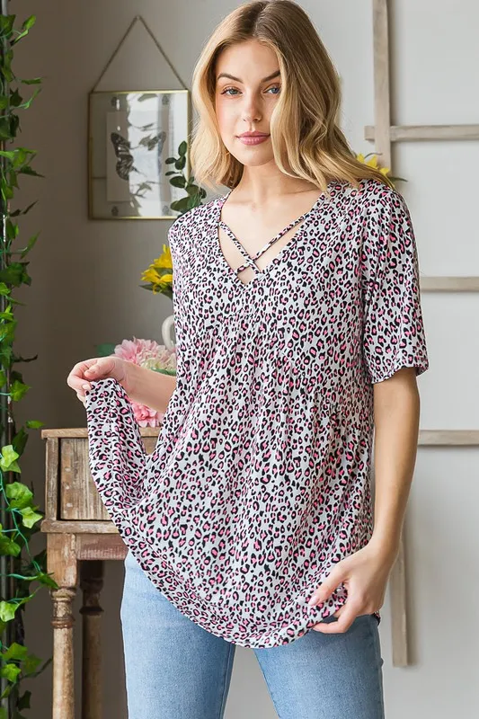 Full Size Short Sleeve Crisscross Animal Babydoll Top Plus Size, image 8