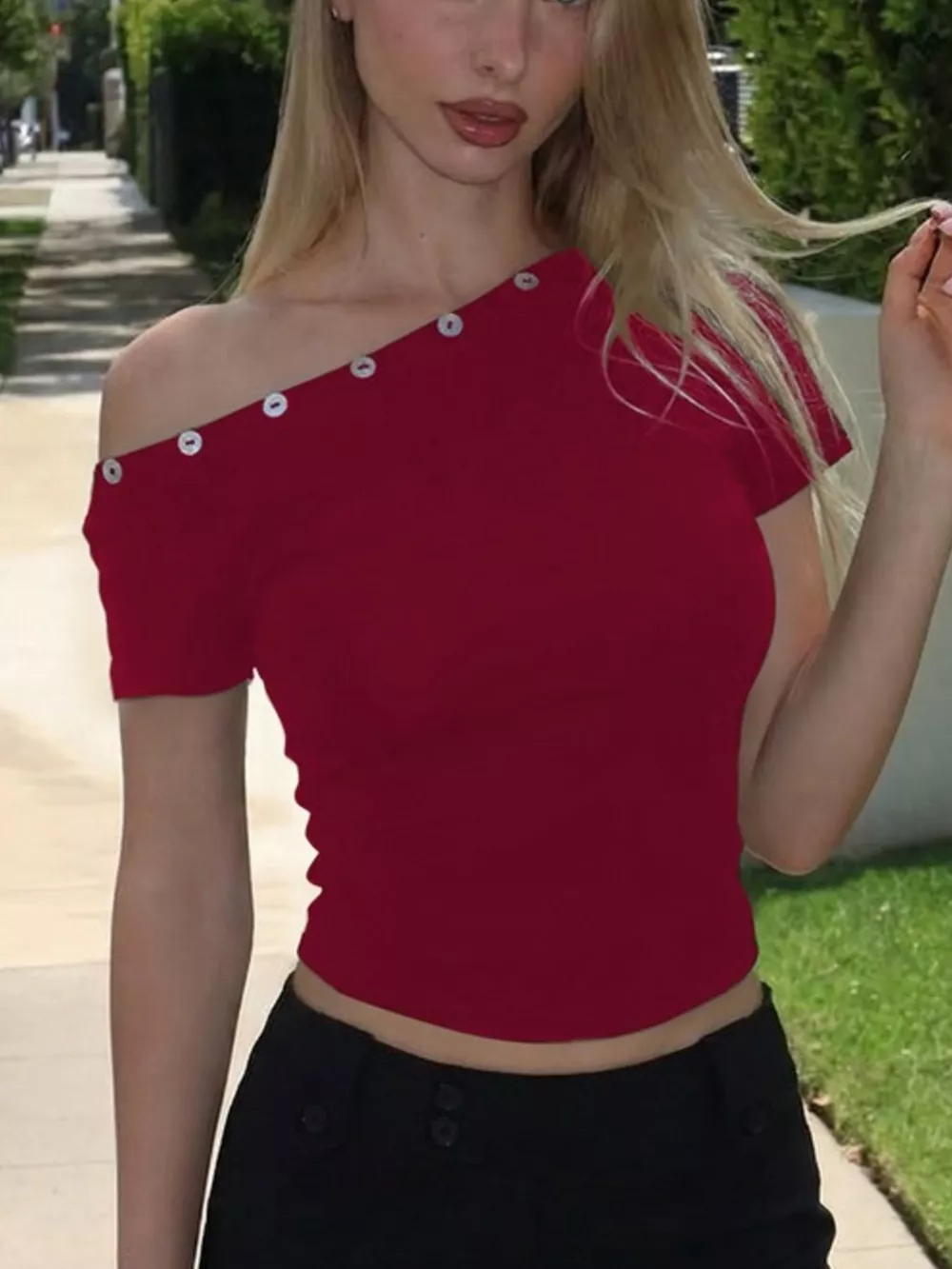 One-Shoulder Button-Decorated Fitted T-Shirt, image 5