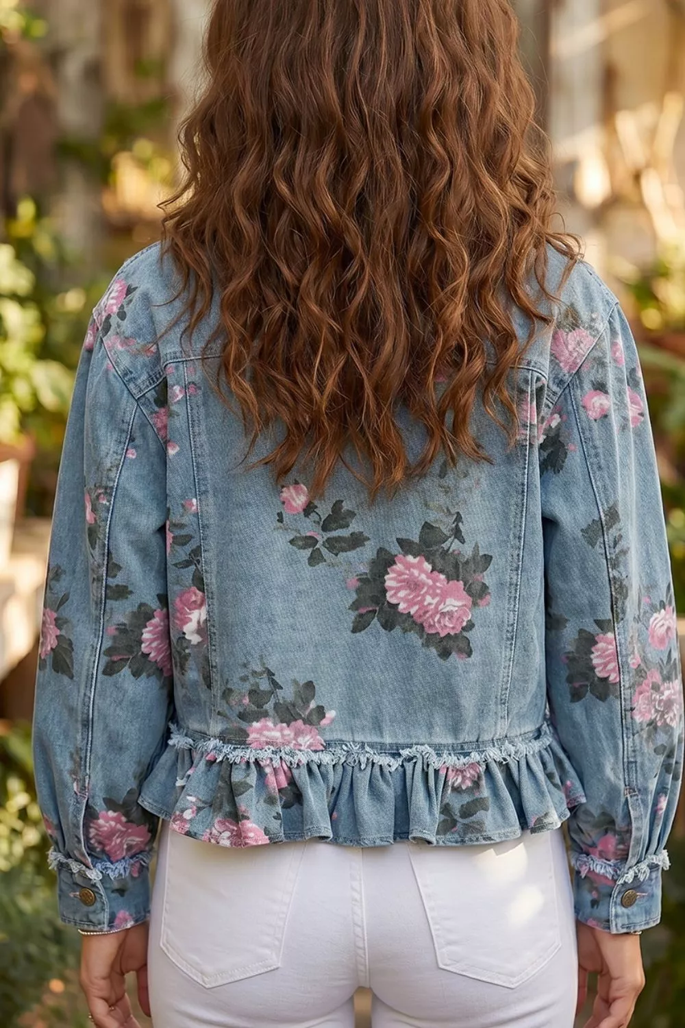 Floral Print Denim Jacket with Ruffled Hem, image 6
