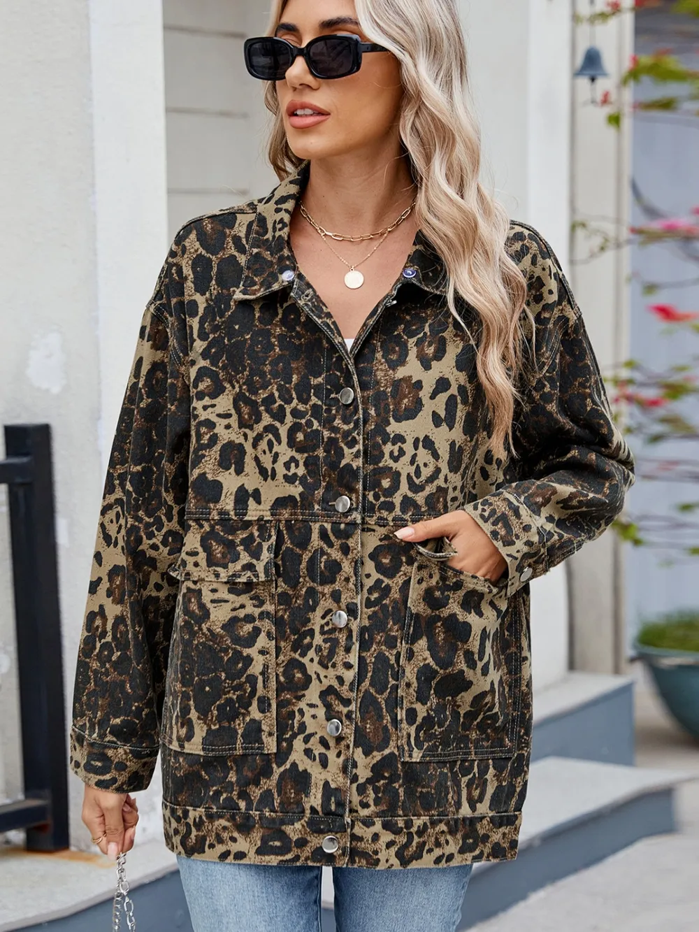 Leopard Button Up Drop Shoulder Denim Jacket, image 3