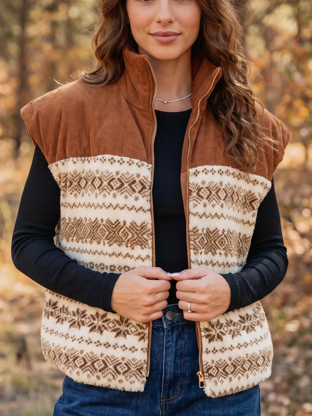 Geometric Print Fleece Metal Zipper Collar Patchwork Design Vest, image 2
