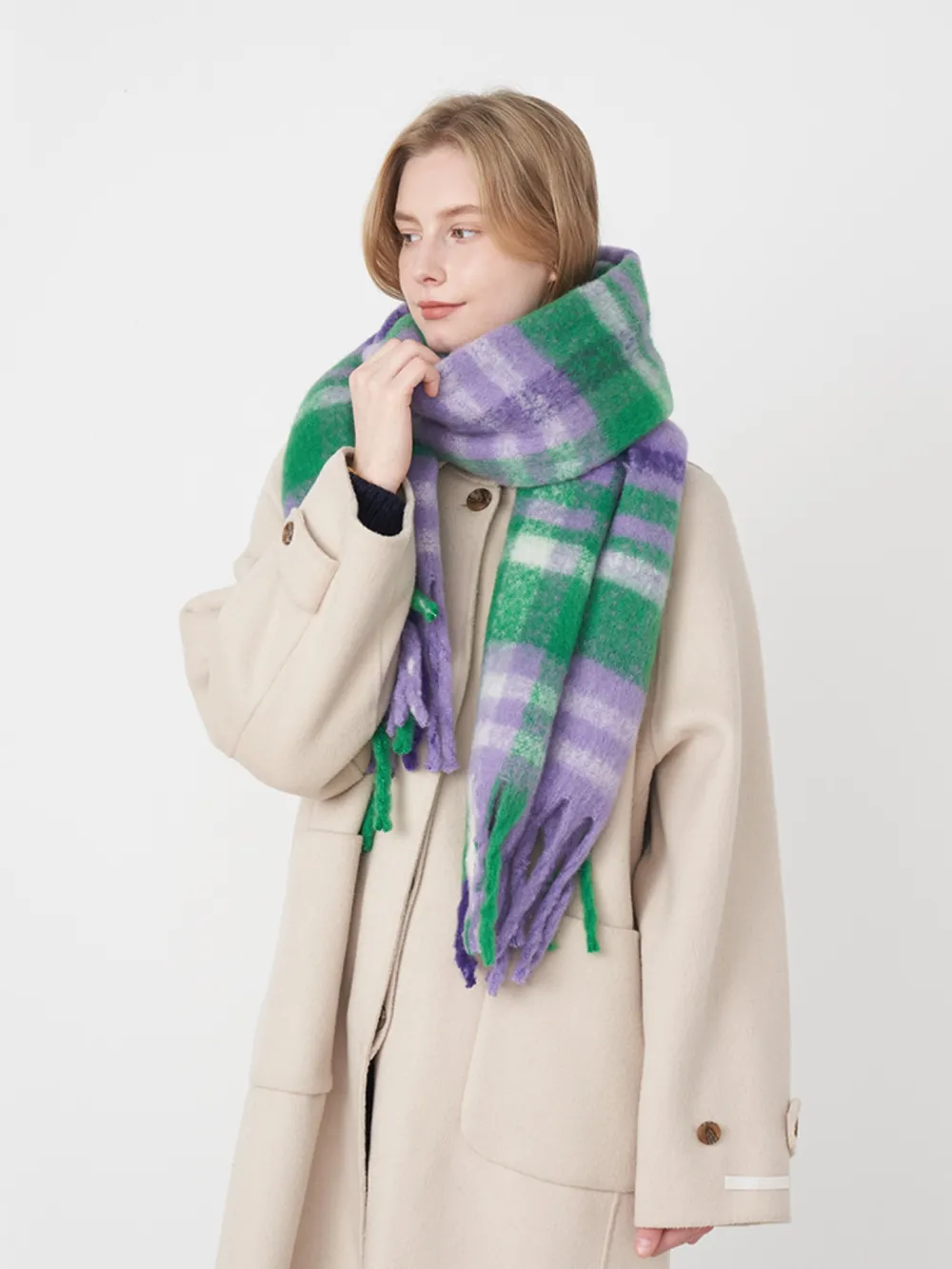 Fringe Plaid Polyester Scarf, image 2