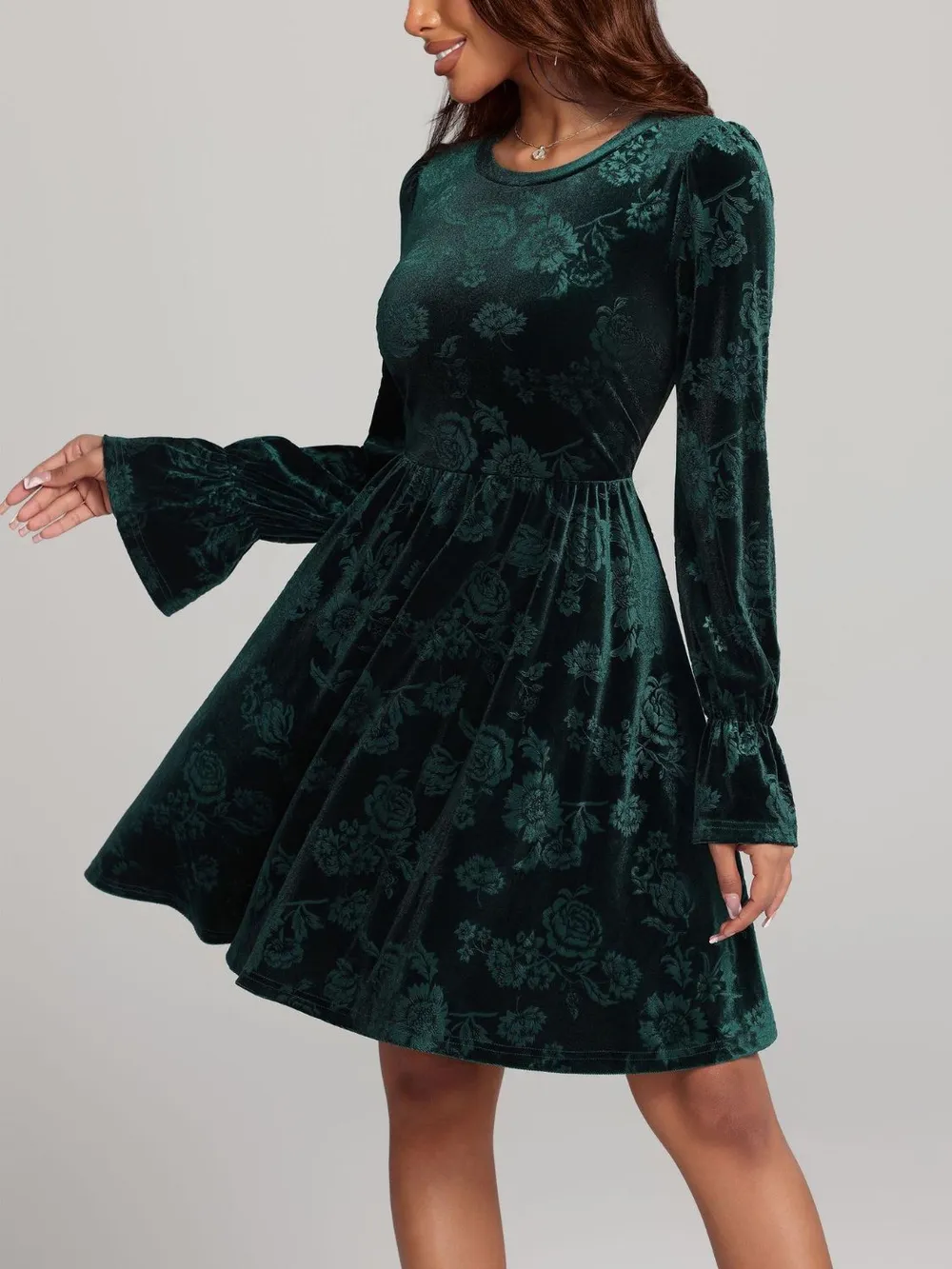 Tied Flower Print Round Neck Flounce Sleeve Dress, image 4