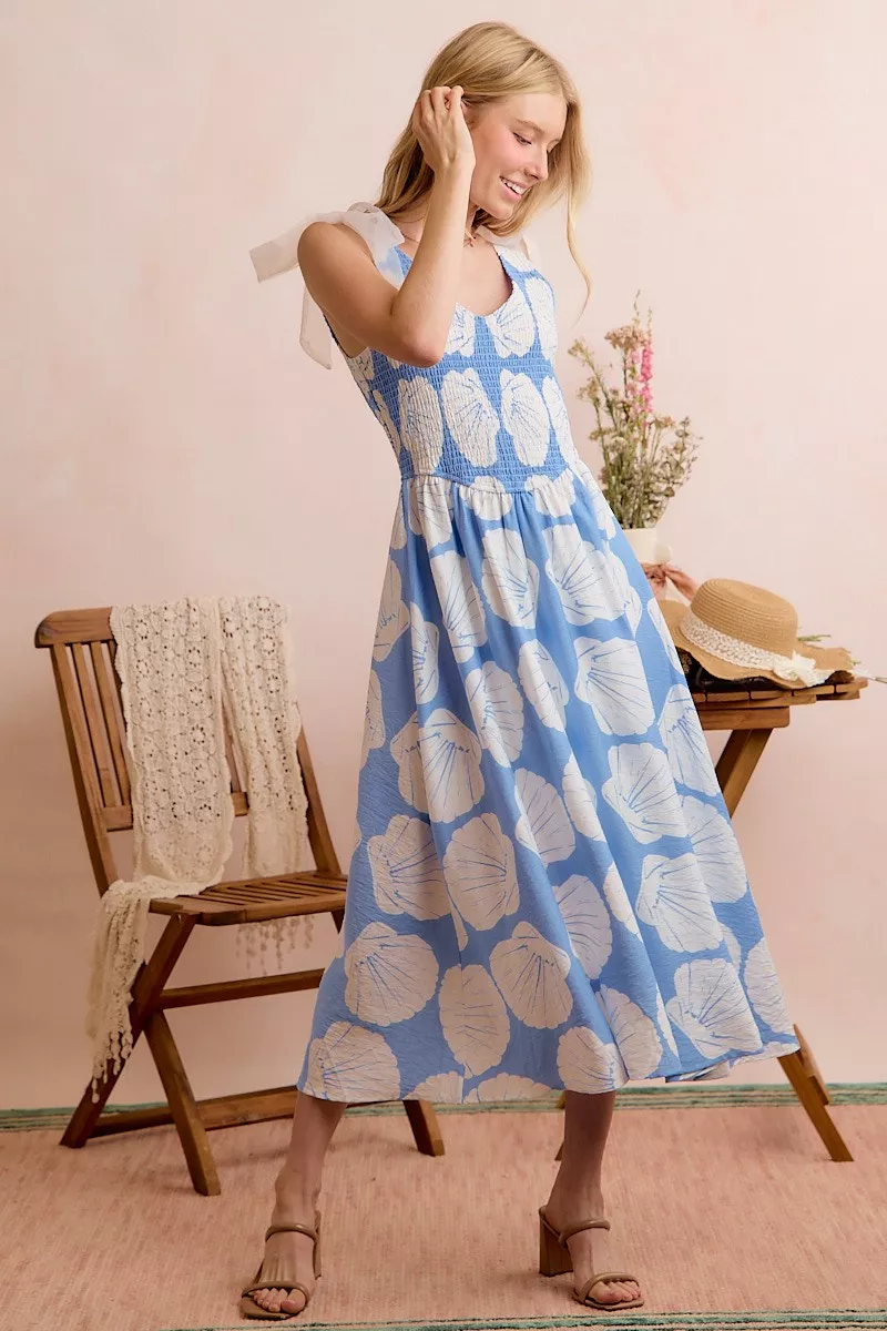Shell Smocked Bodice Shoulder Tie Lined Midi Dress, image 11