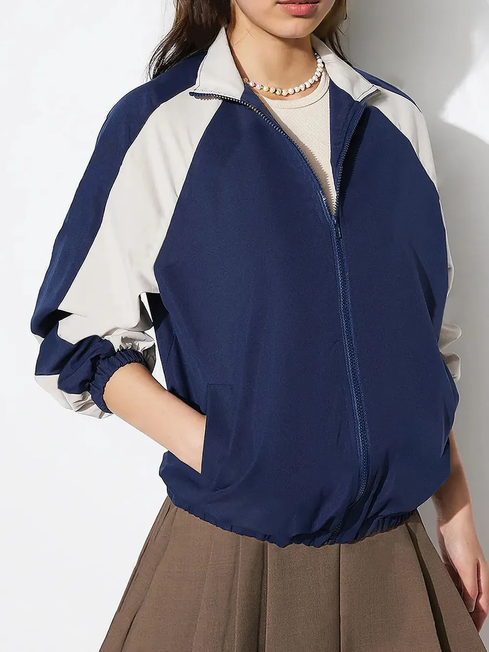 Contrast Zip Up Collared Neck Long Sleeve Jacket, image 3